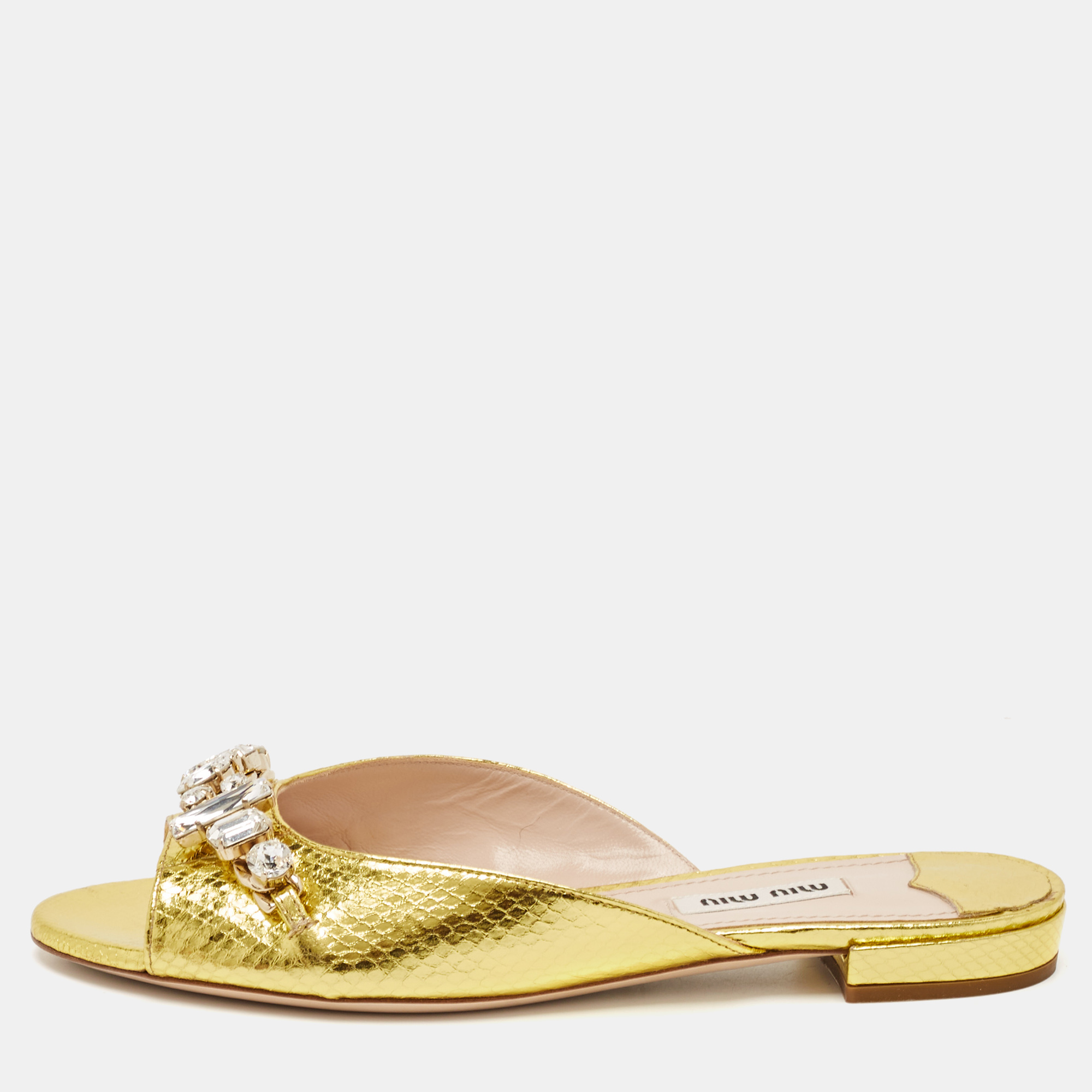 

Miu Miu Gold Snakeskin Embossed Leather Bow Flat Sandals Size