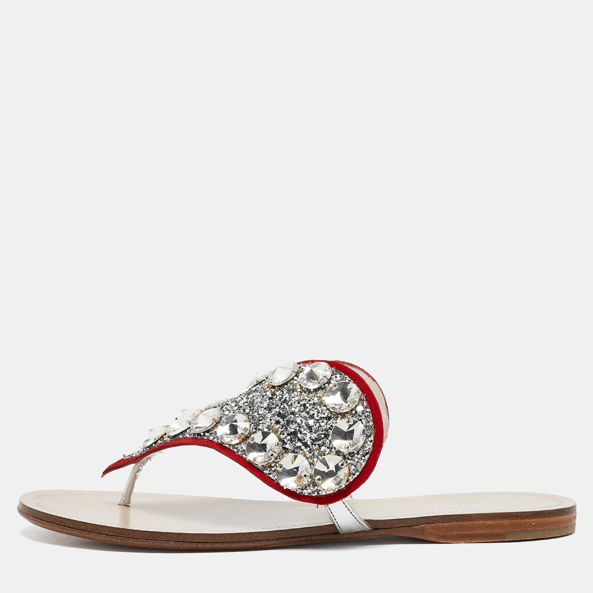 

Miu Miu Silver/Red Glitter and Suede Crystals Embellished Flats Size