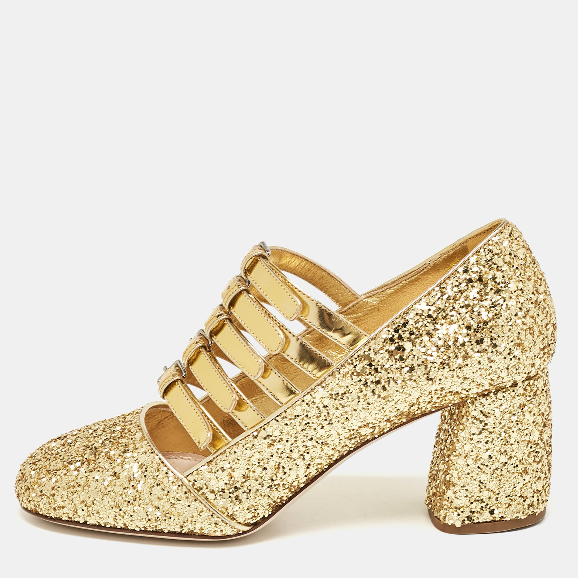 

Miu Miu Gold Glitter and Leather Mary Jane Pumps Size