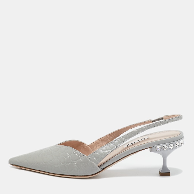 

Miu Miu Grey Croc Embossed Leather Slingback Pumps Size