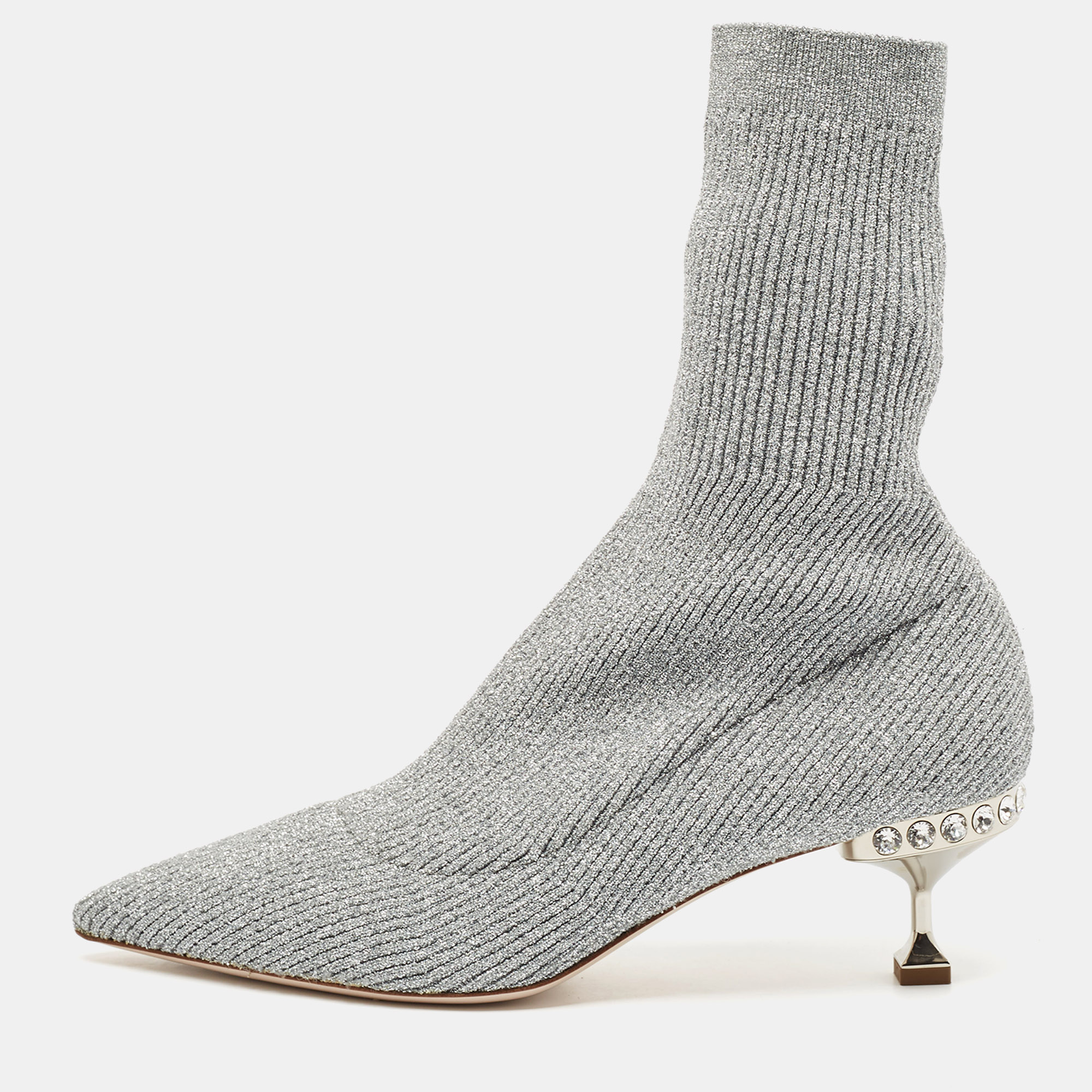 

Miu Miu Silver Metallic Knit Fabric Crystal Embellished Sock Boots Size