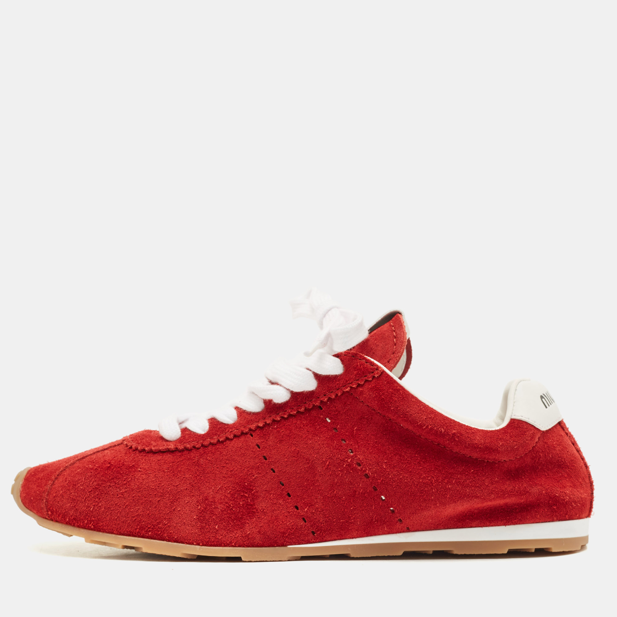 

Miu Miu Red Leather and Suede Plume Lace Up Sneakers Size