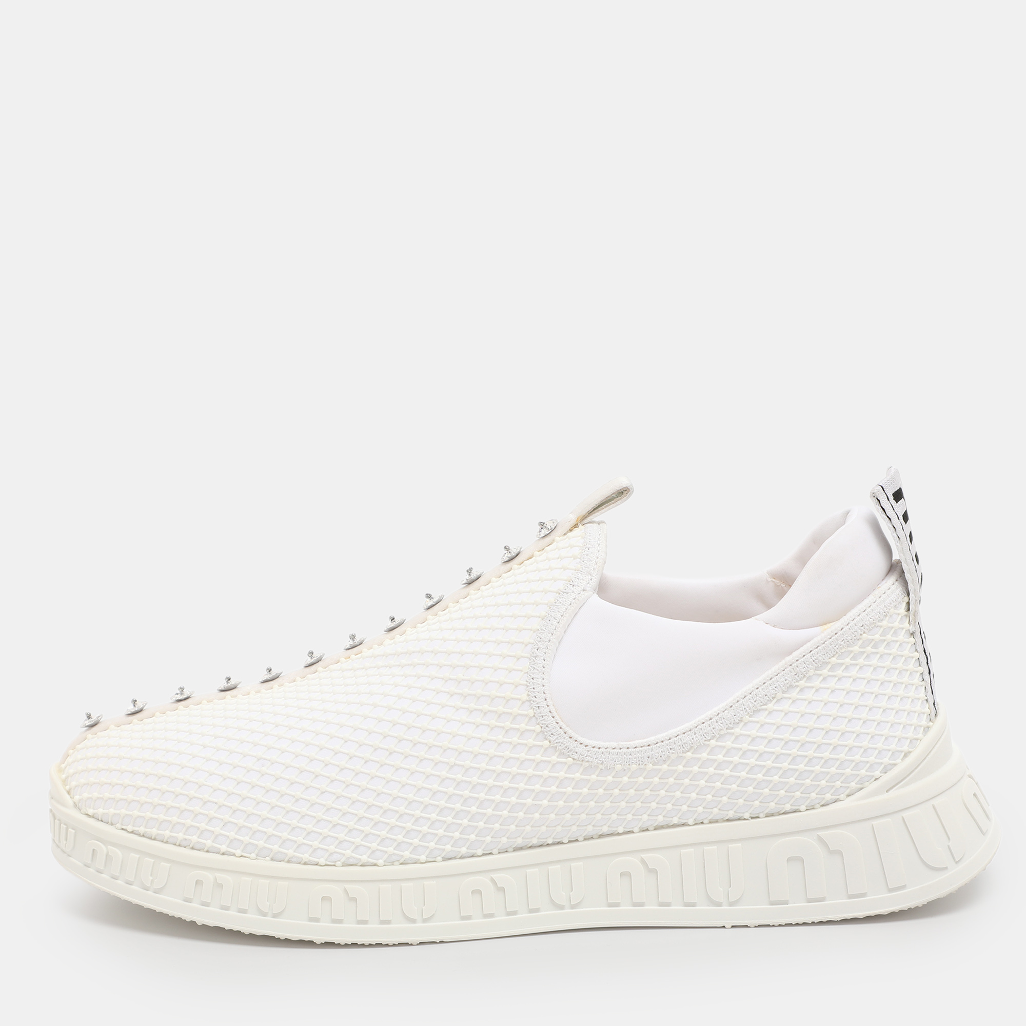 Pre-owned Miu Miu White Mesh And Neoprene Crystal Embellished Slip-on Sneakers Size 38