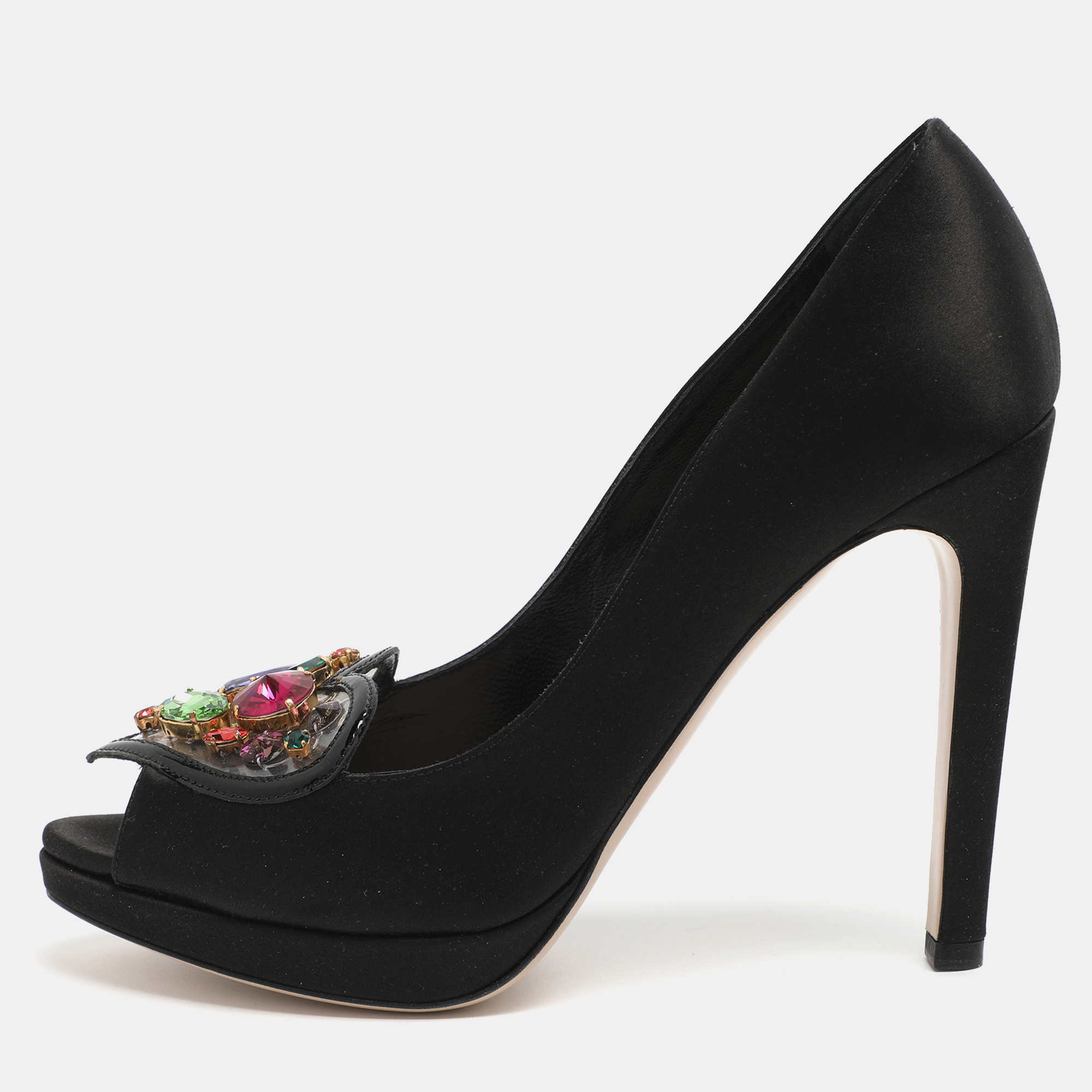

Miu Miu Size 39.5 Black Jeweled PVC and Satin Peep Toe Pumps