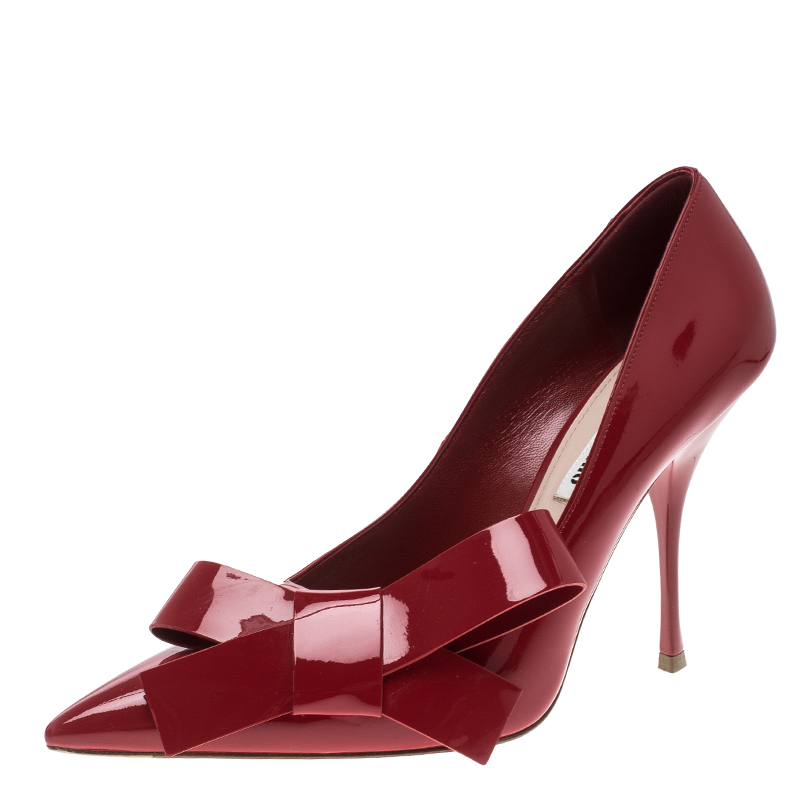 MIU MIU Bow-embellished patent-leather pumps  Red high heel pumps, Patent  leather pumps, Red bow heels