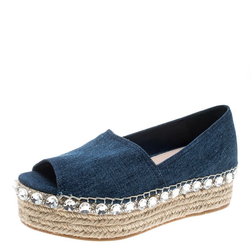 Miu Miu Indigo Dark Wash Denim Crystal Embellished Peep Toe Platform Espadrilles Size 39