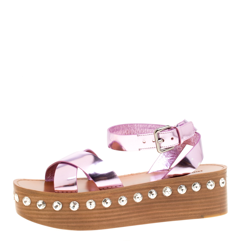 

Miu Miu Metallic Purple Leather Crystal Embellished Wooden Platform Ankle Strap Sandals Size