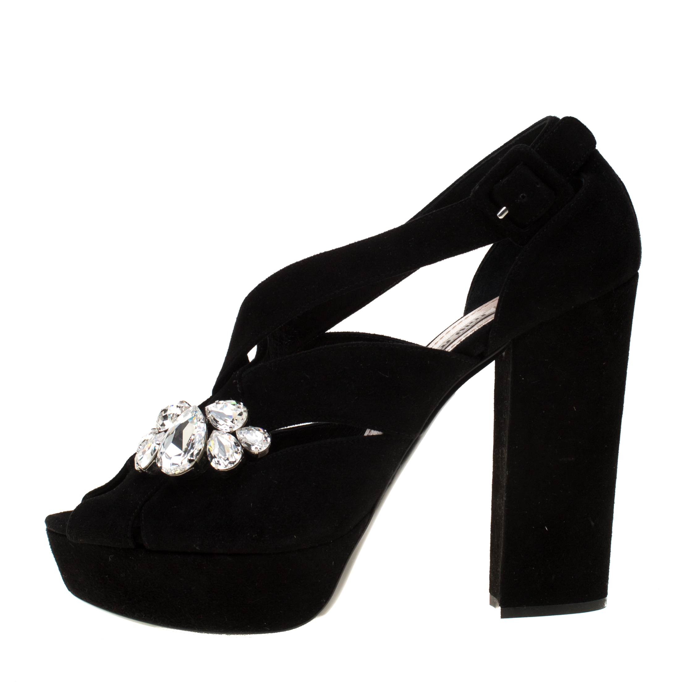 

Miu Miu Black Velvet Crystal Embellished Platform Sandals Size