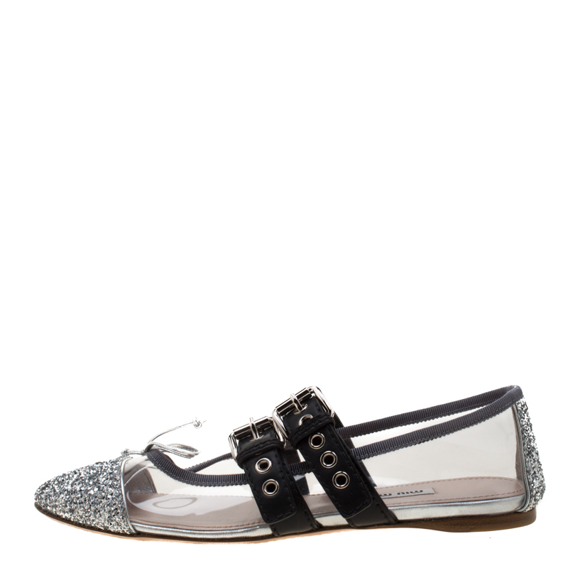 

Miu Miu Metallic Silver Glitter And PVC Bow Buckle Detail Strappy Ballet Flat Sandals Size