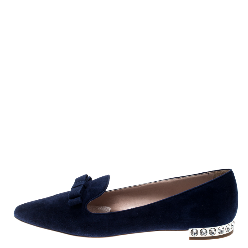 

Miu Miu Navy Blue Suede Bow Detail Embellished Loafers Size