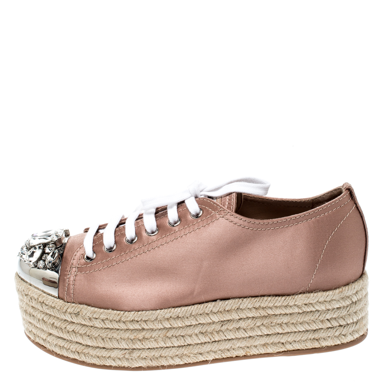 

Miu Miu Nude Pink Embellished Metal Trim Satin Espadrille Platform Sneakers Size