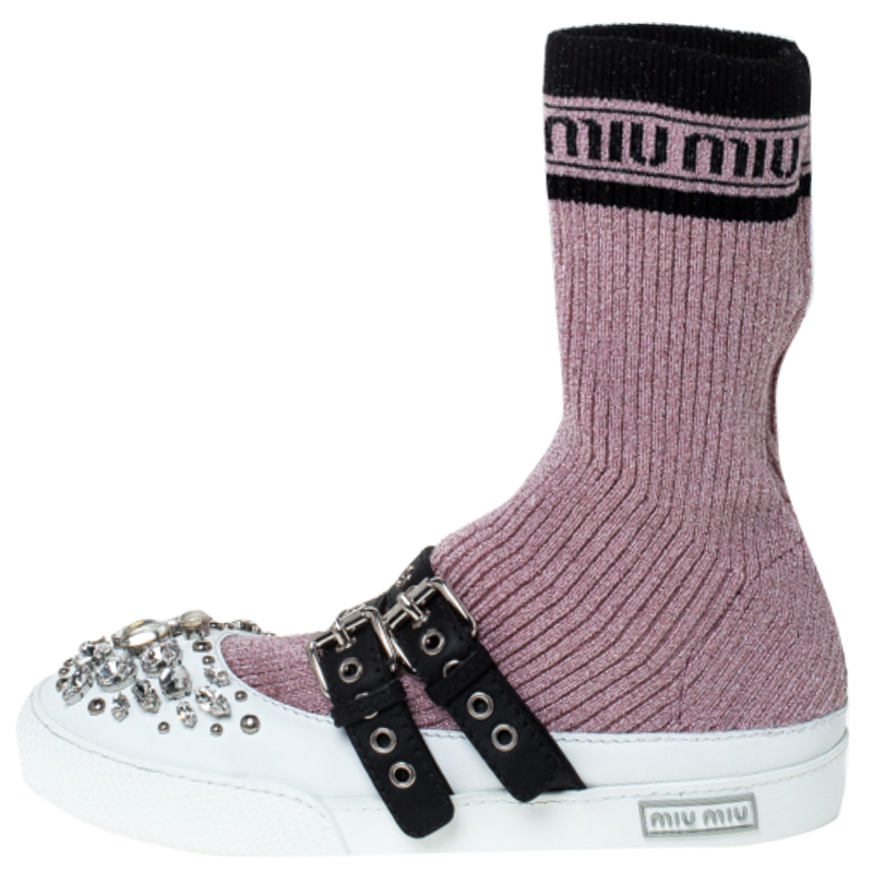 

Miu Miu Pink Fabric And White Leather Embellished Buckle Detail Sock Sneakers Size