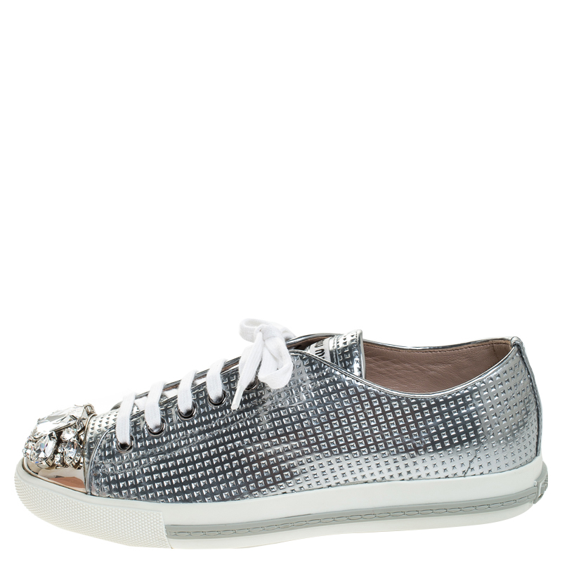 

Miu Miu Metallic Silver Perforated Leather Crystal Embellished Lace Up Sneakers Size