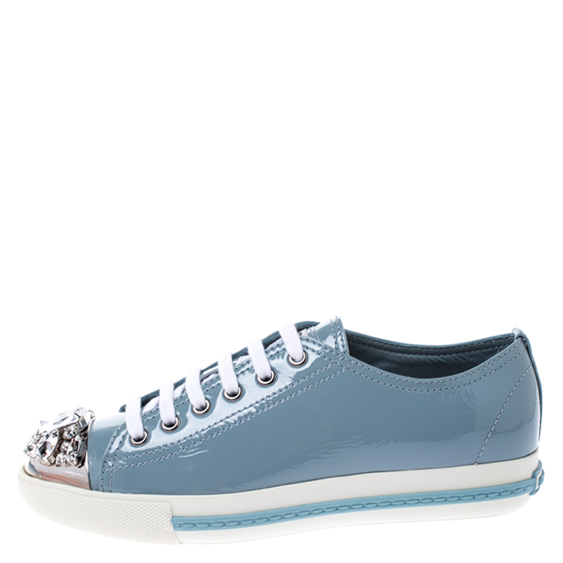 

Miu Miu Blue Patent Leather Crystal Embellished Cap Toe Lace Up Sneakers Size