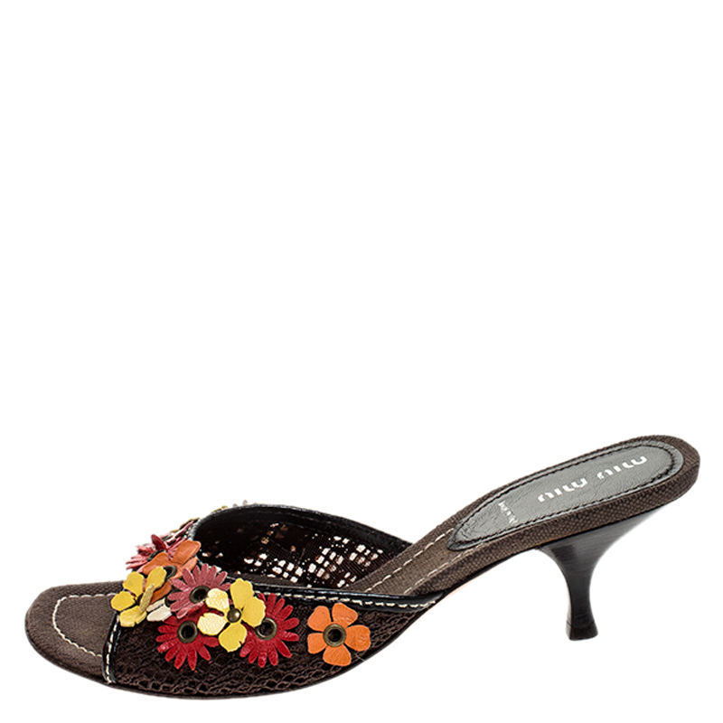 

Miu Miu Multicolor Canvas Floral Applique Slide Sandals Size, Black