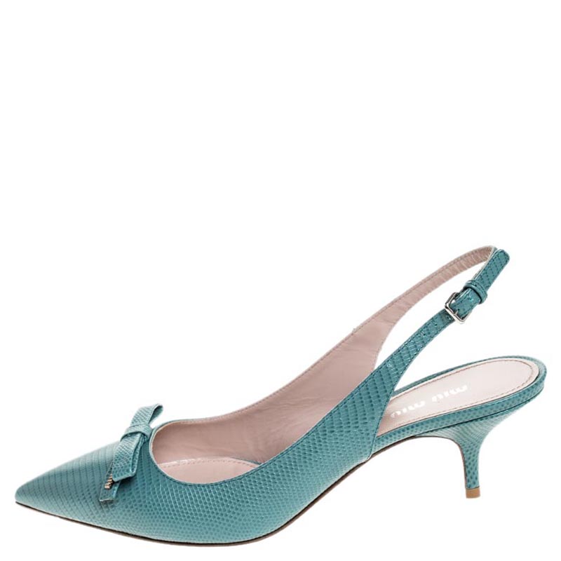 

Miu Miu Baby Blue Embossed Lizard Leather Bow Detail Slingback Pointed Toe Sandals Size