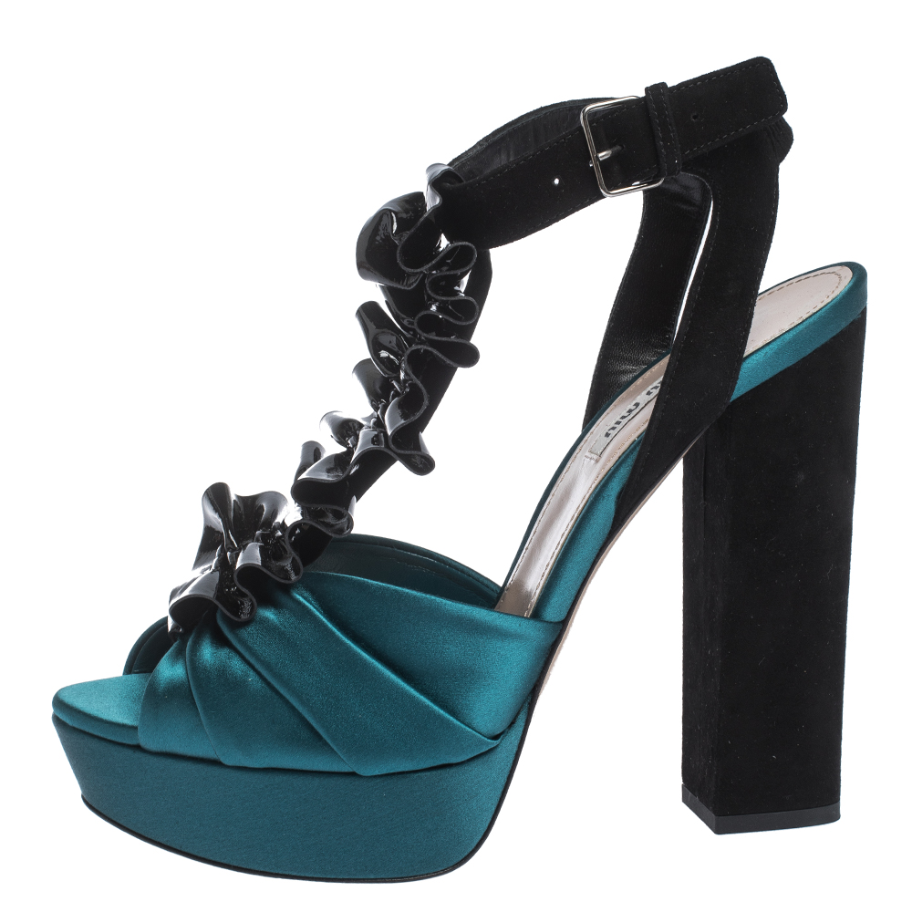 

Miu Miu Multicolor Satin, Suede and Ruffled Patent Leather Platform Ankle Strap Sandals Size