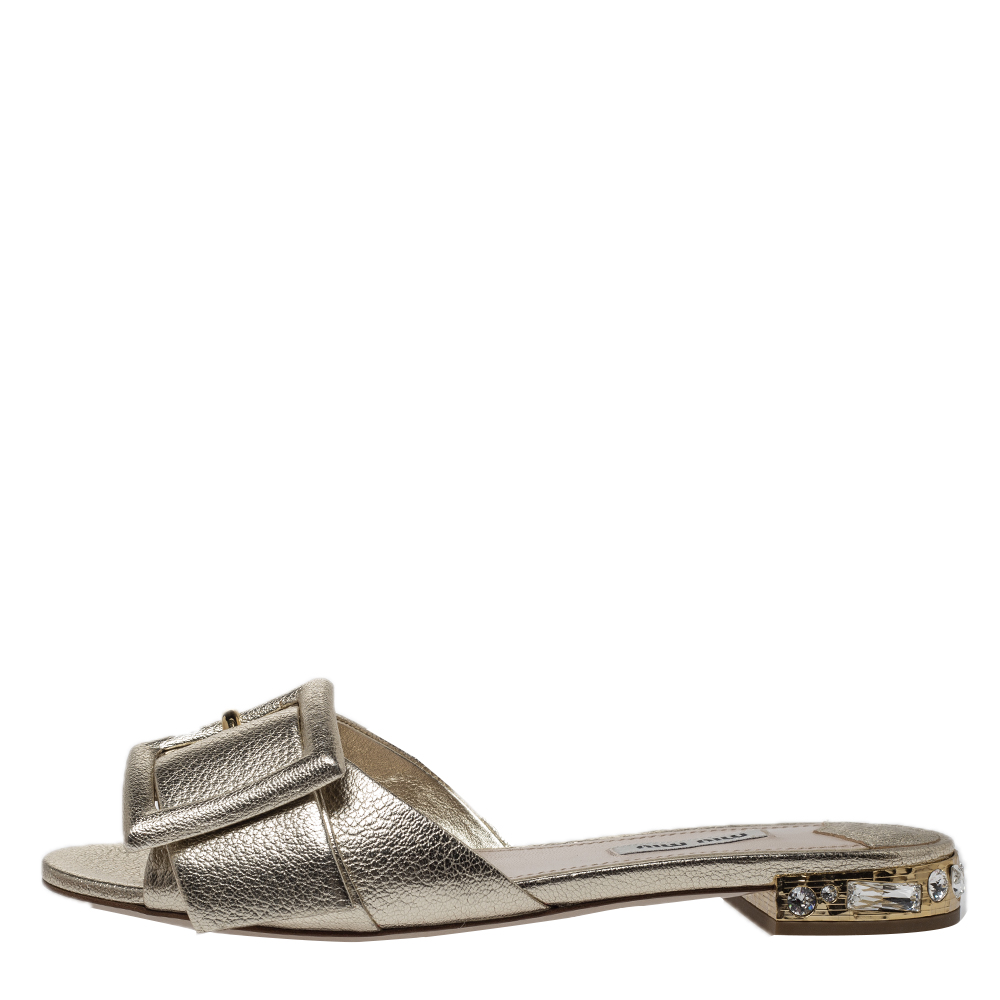 

Miu Miu Metallic Gold Leather Buckle And Jeweled Heel Slide Flats Size