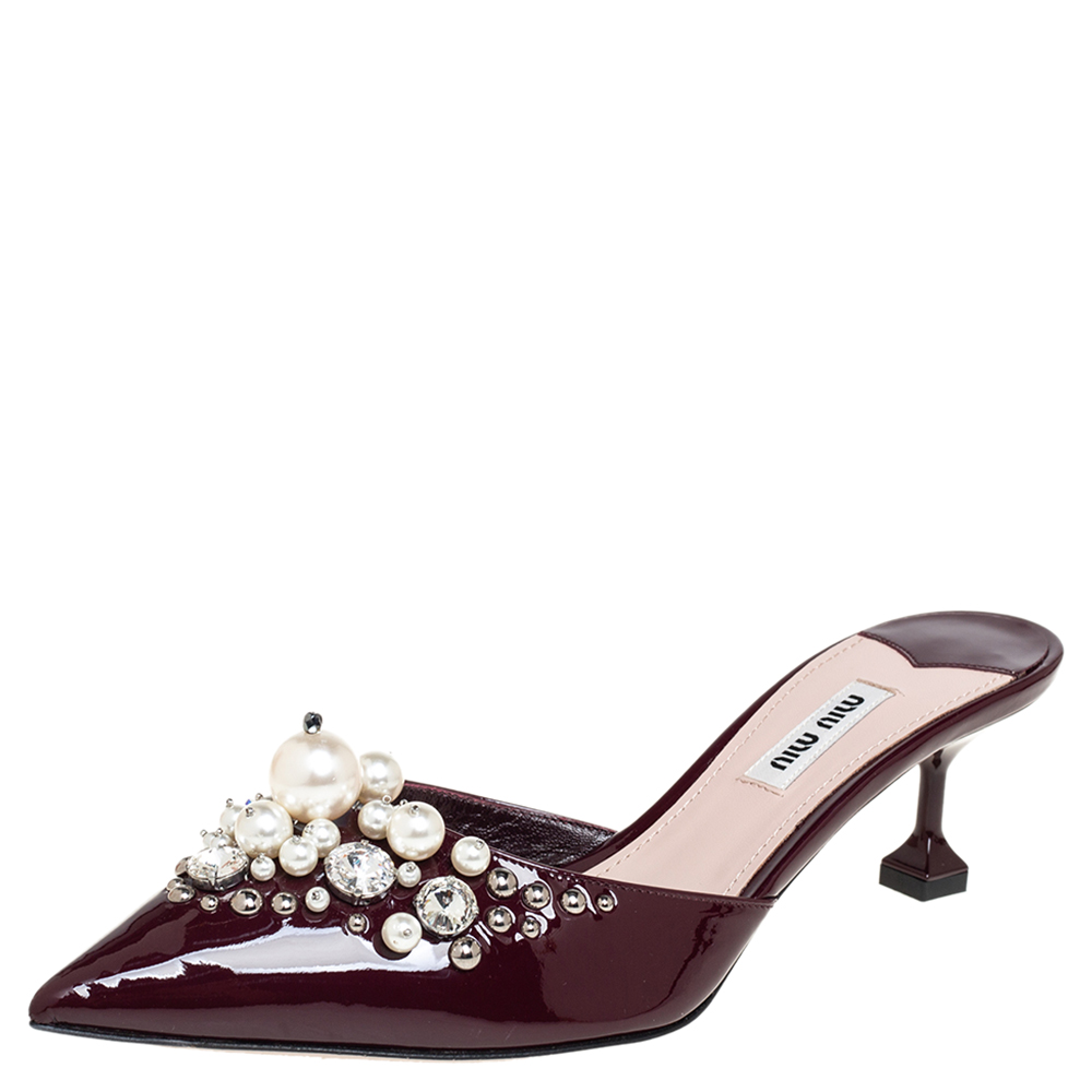 Pre-owned Miu Miu Burgundy Patent Leather Pearl Embellished Pointed Toe Mule Sandals Size 37.5