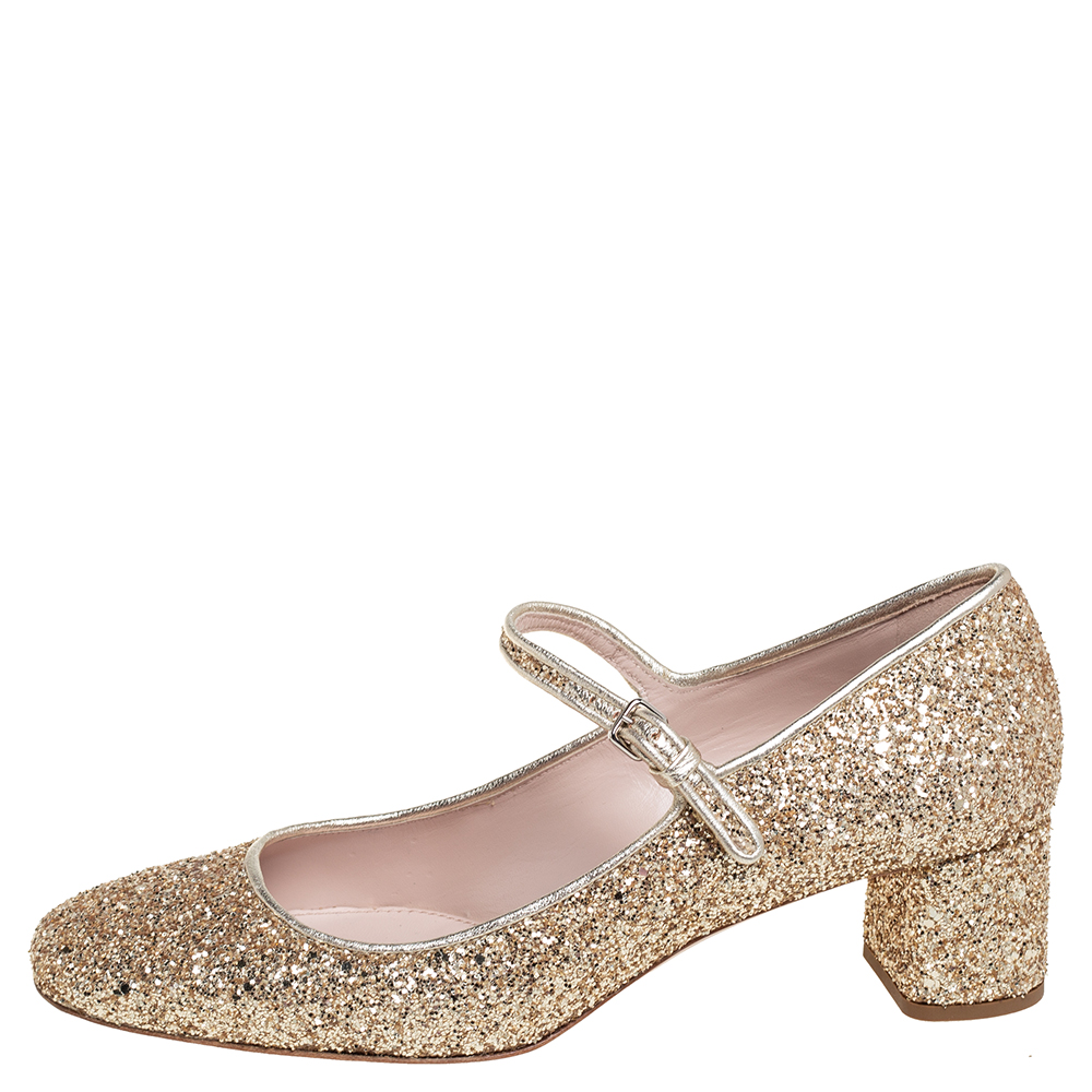 

Miu Miu Gold Glitter Mary Jane Block Heel Pumps Size