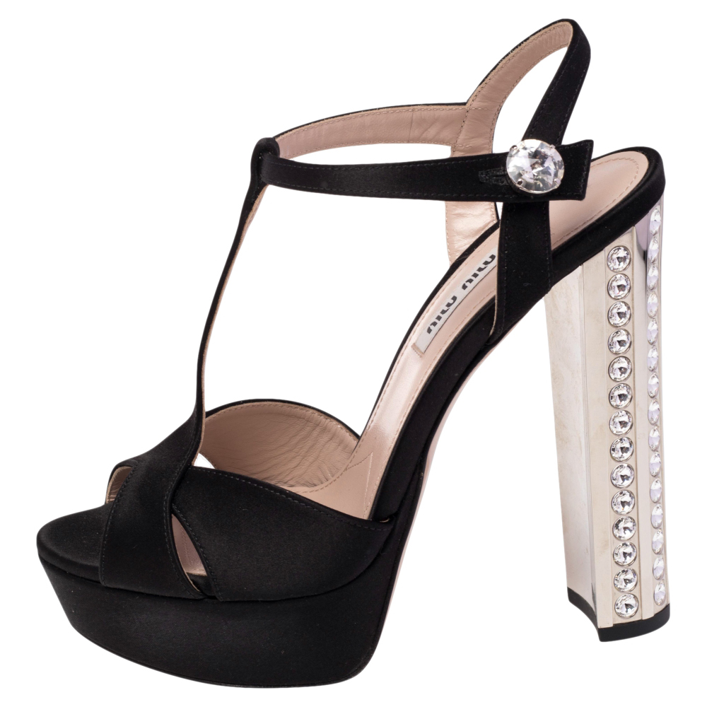 

Miu Miu Black Satin Embellished Block Heel Peep Toe Platform Ankle Strap Sandals Size