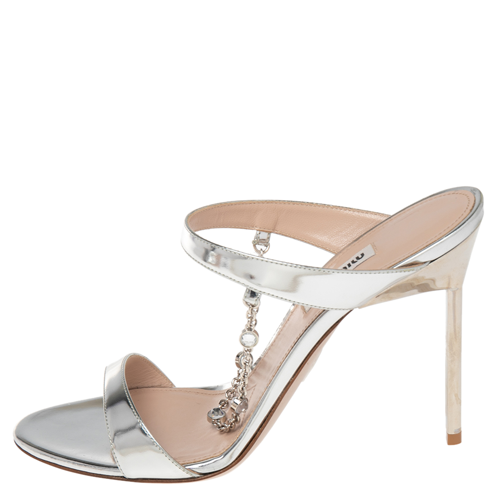 

Miu Miu Silver Mirrored Leather Crystals Chain Slide Sandals Size