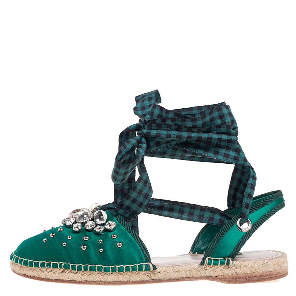 

Miu Miu Green Satin Crystals Ankle Wrap Espadrille Flats Size