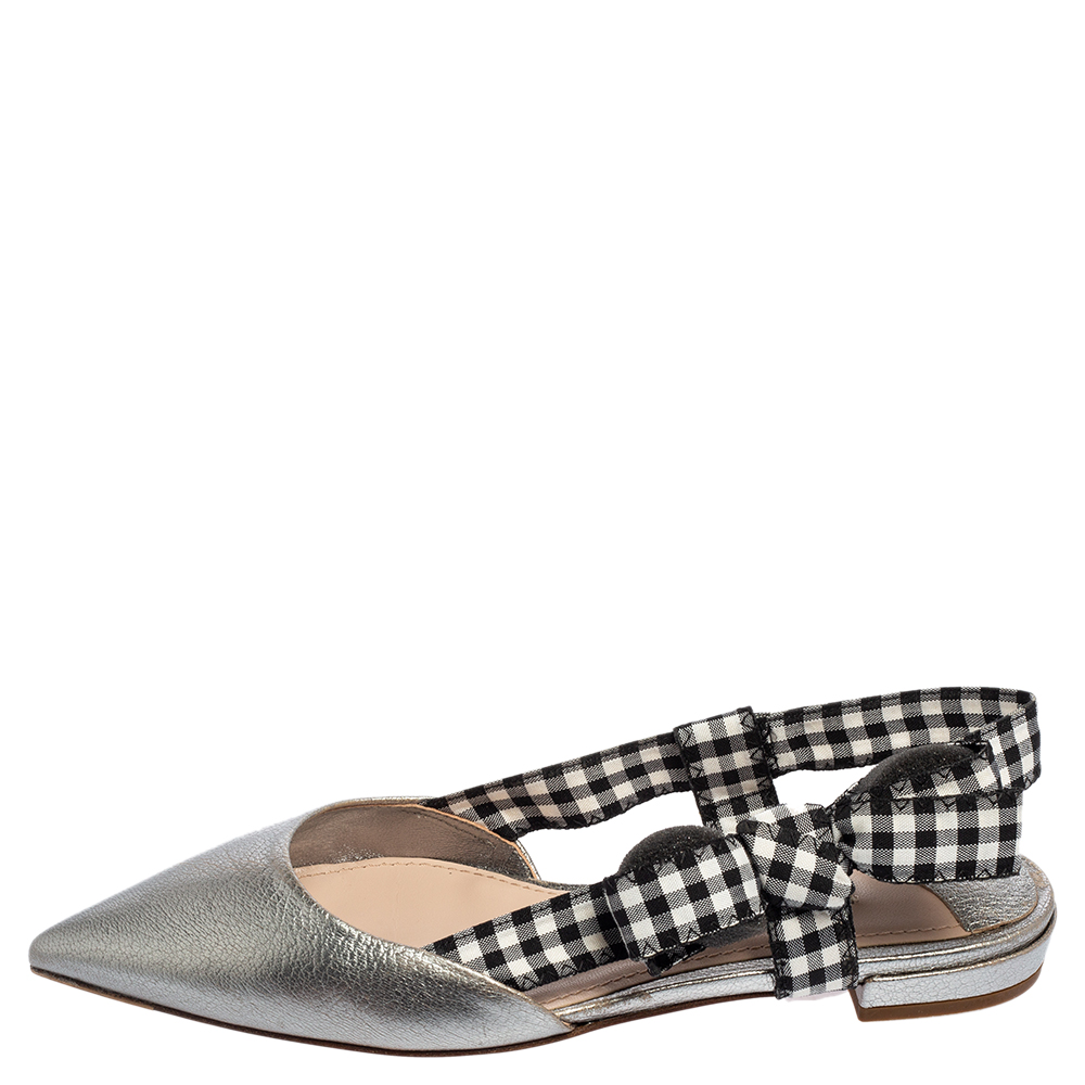 

Miu Miu Silver Leather And Gingham Fabric Slingback Flat Pumps Size