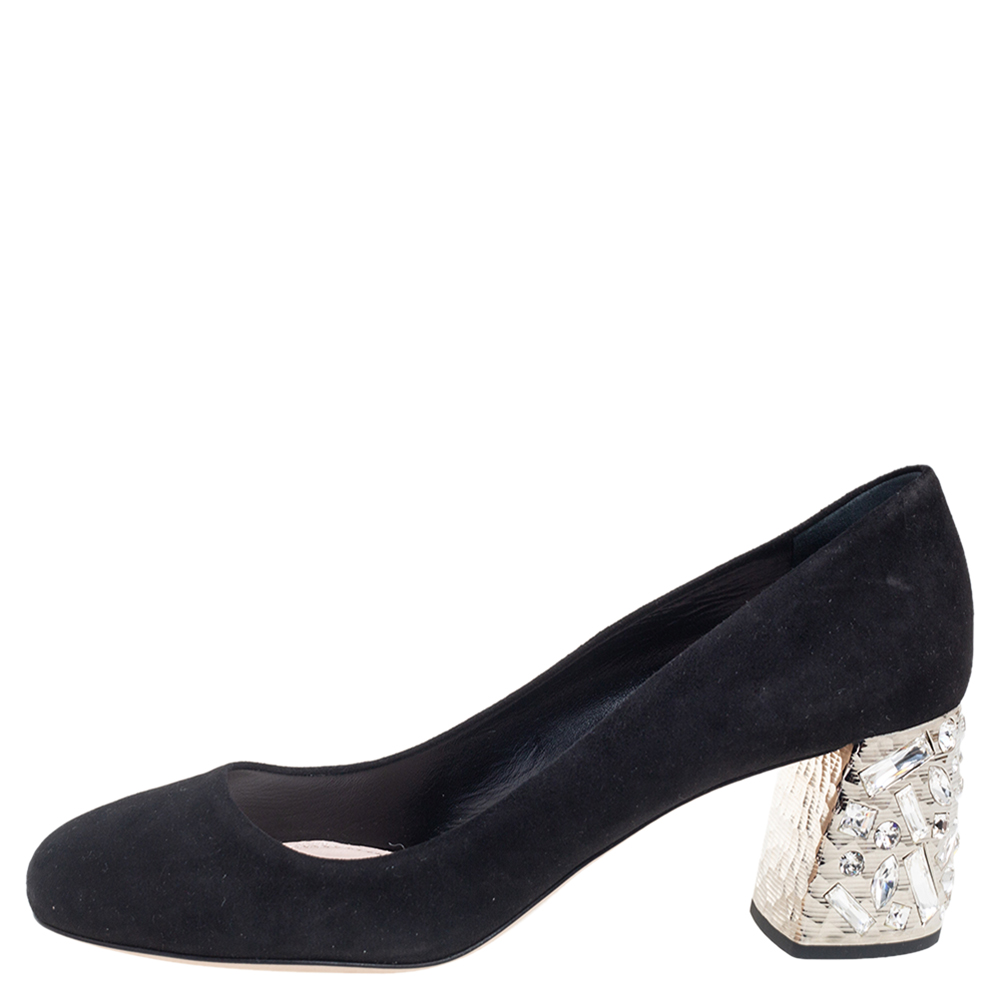 

Miu Miu Black Suede Crystals Block Heel Pumps Size