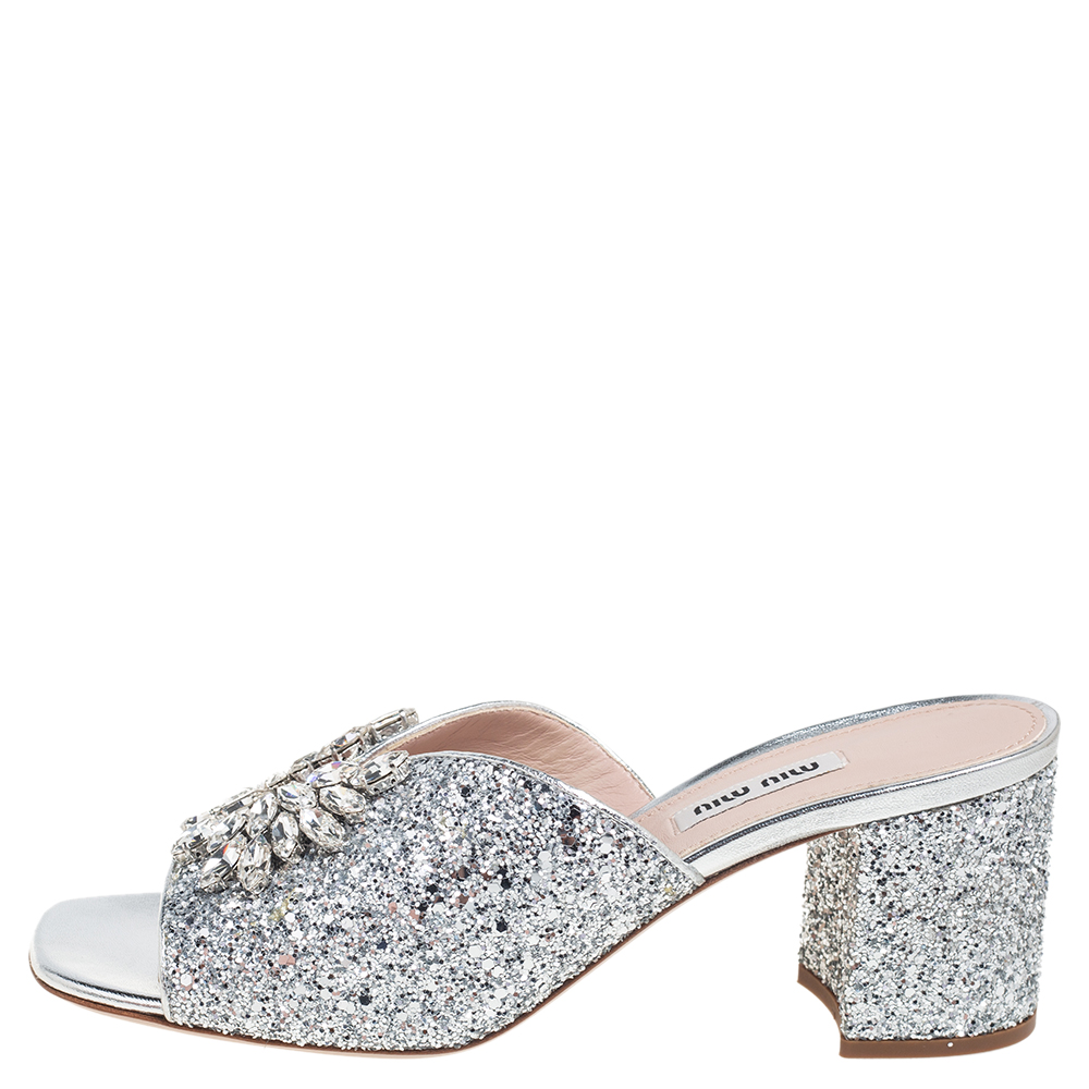 

Miu Miu Coarse Glitter Crystal Embellished Mules Sandals Size, Silver