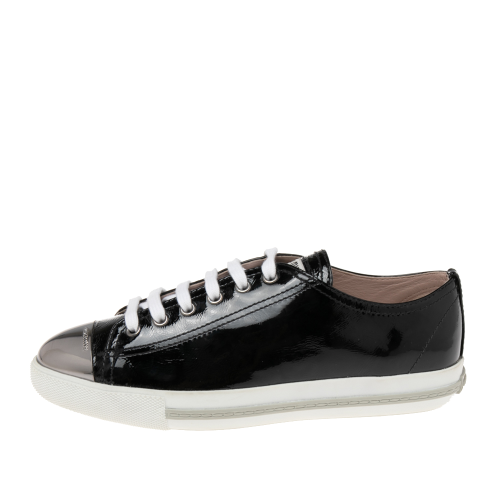 

Miu Miu Black Patent Leather Metal Cap Toe Lace Up Sneakers Size