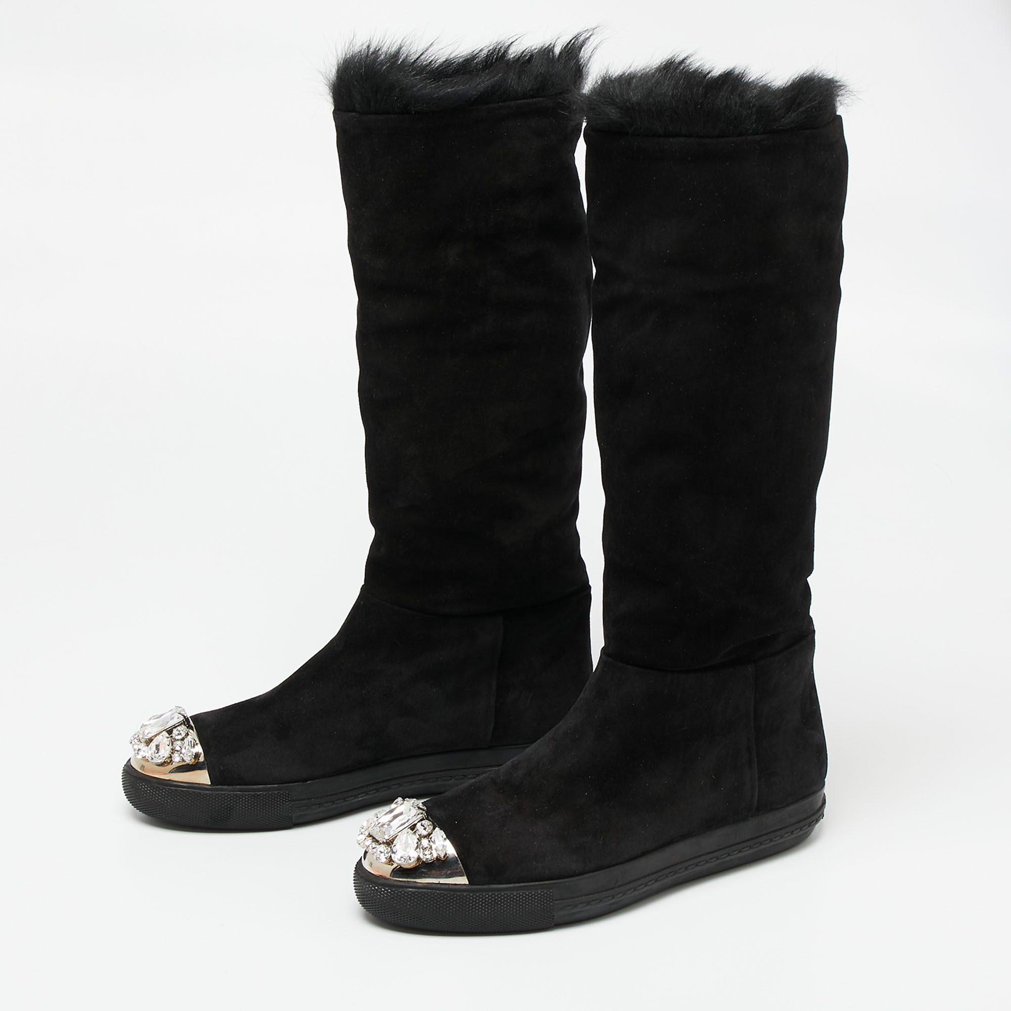 

Miu Miu Black Suede And Fur Crystal Embellished Mid Calf Ankle Boots Size