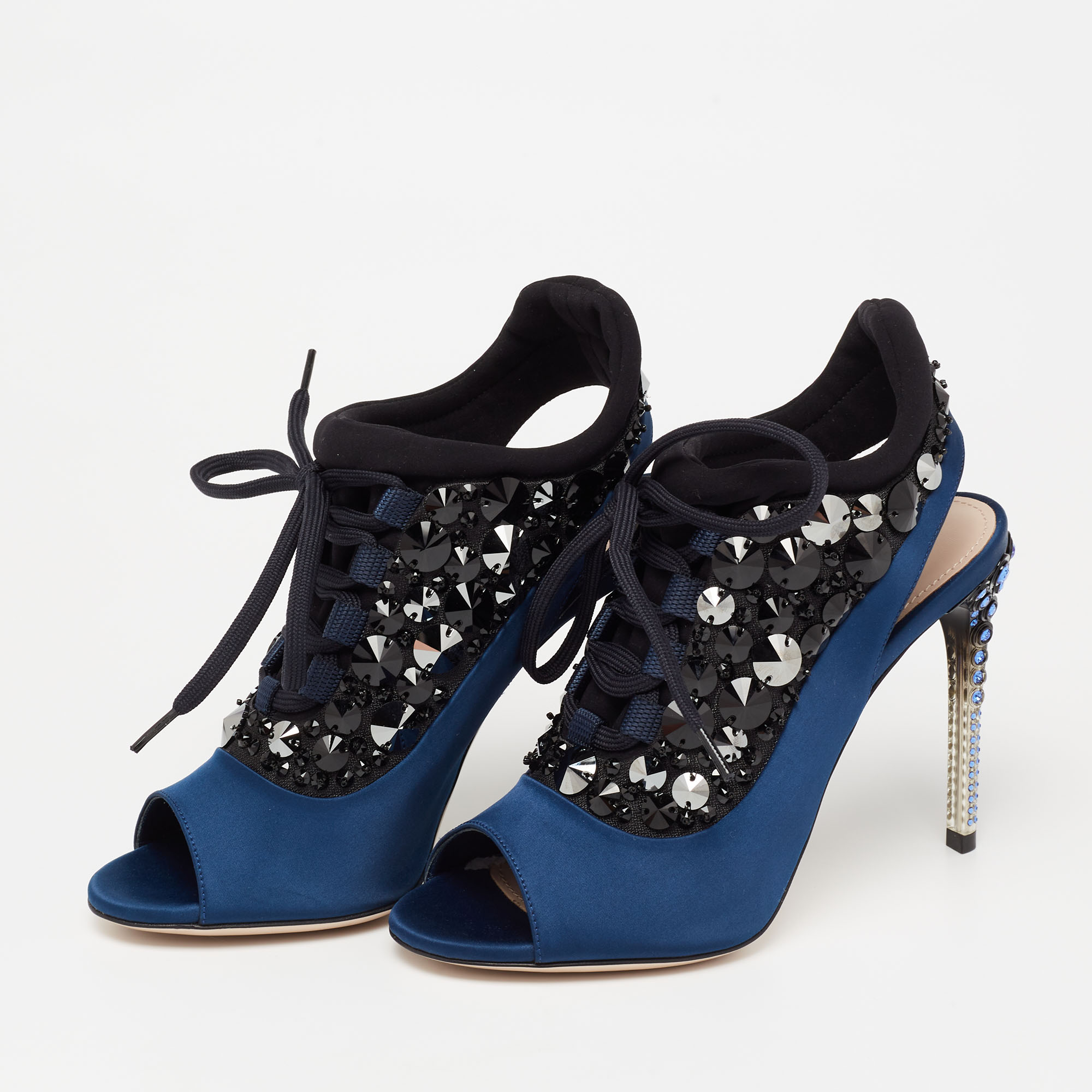 

Miu Miu Blue/Black Satin Embellished Open Toe Sandals Size