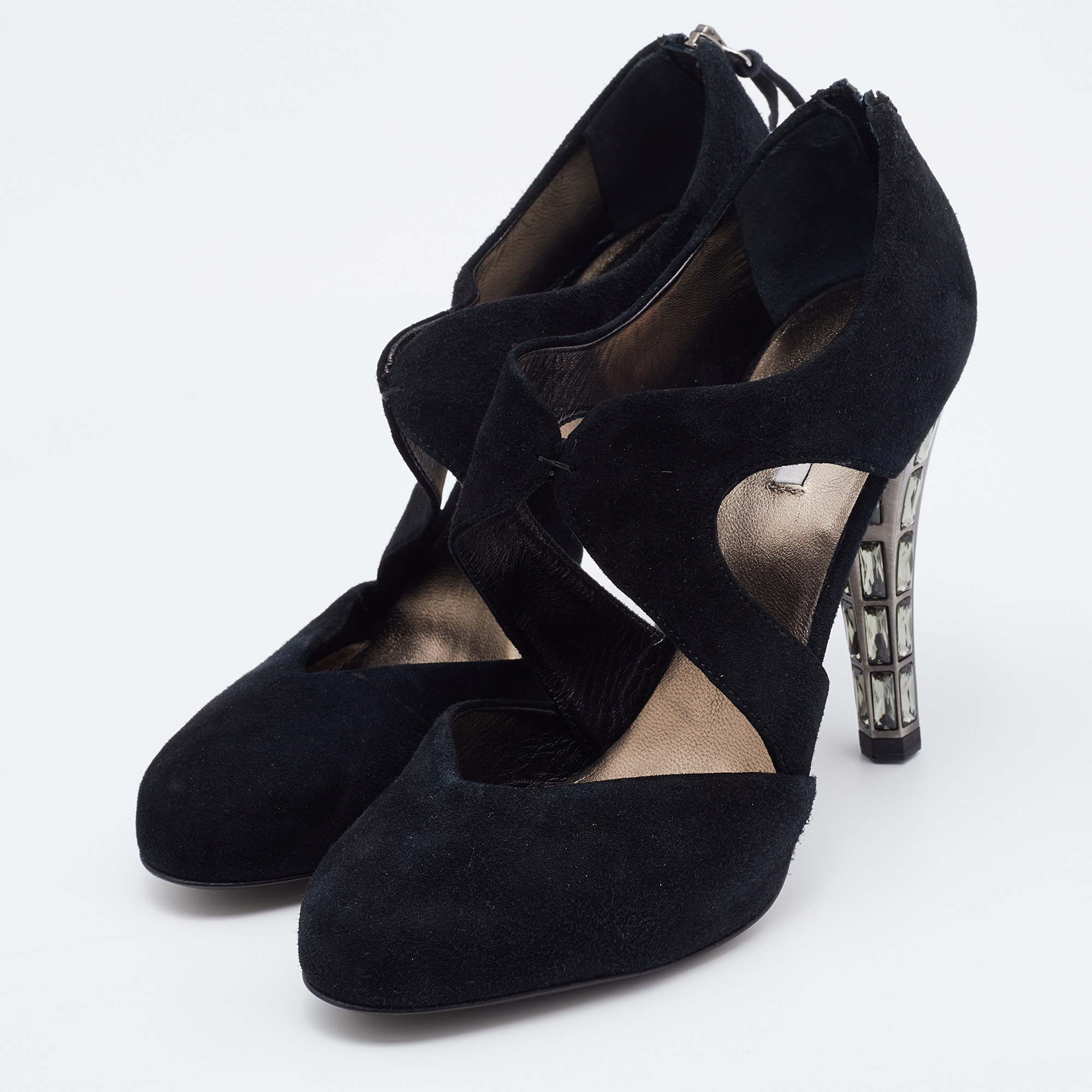 

Miu Miu Black Suede Crystal Embellished Heel Pumps Size