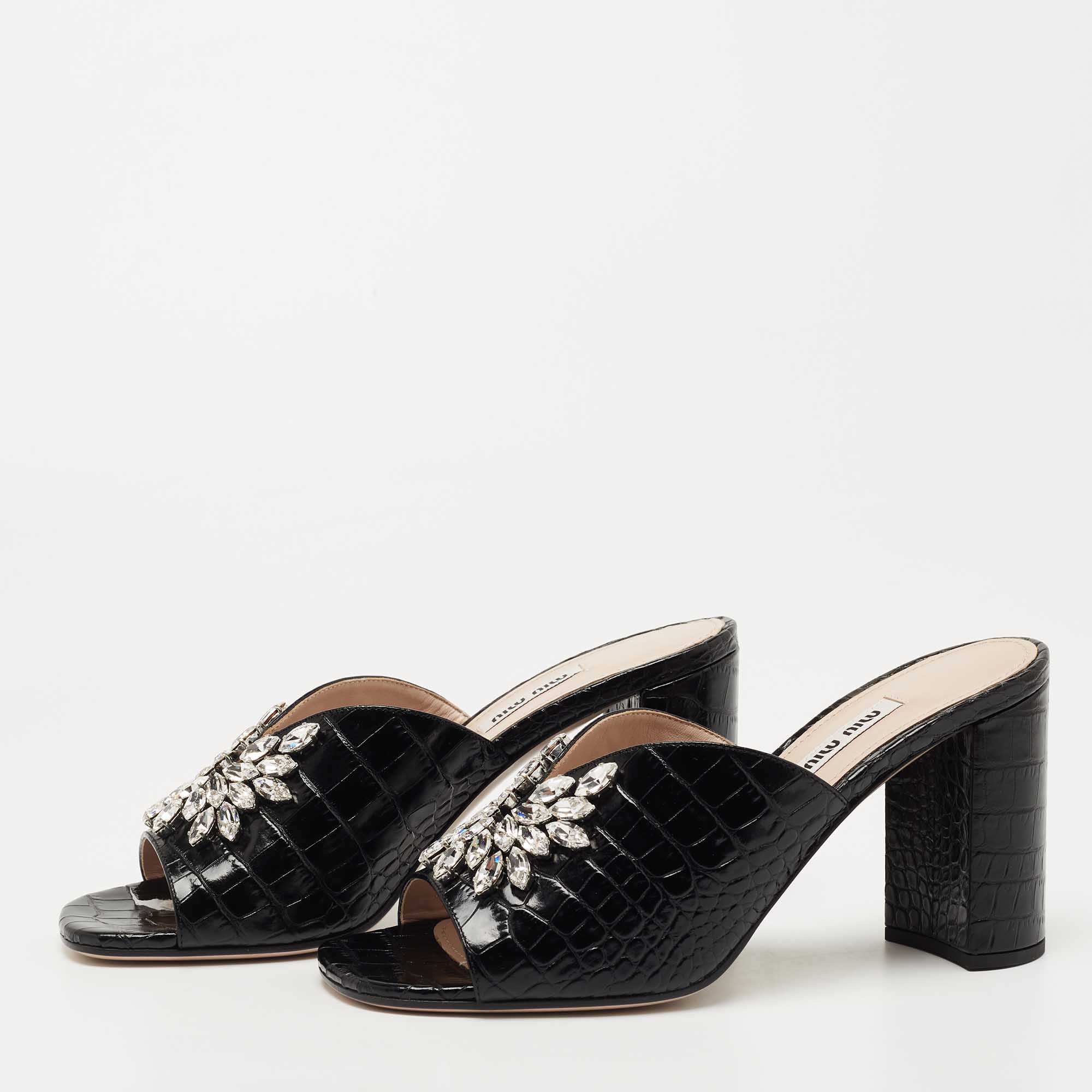 

Miu Miu Black Croc Embossed Leather Crystal Embellished Slide Sandals Size