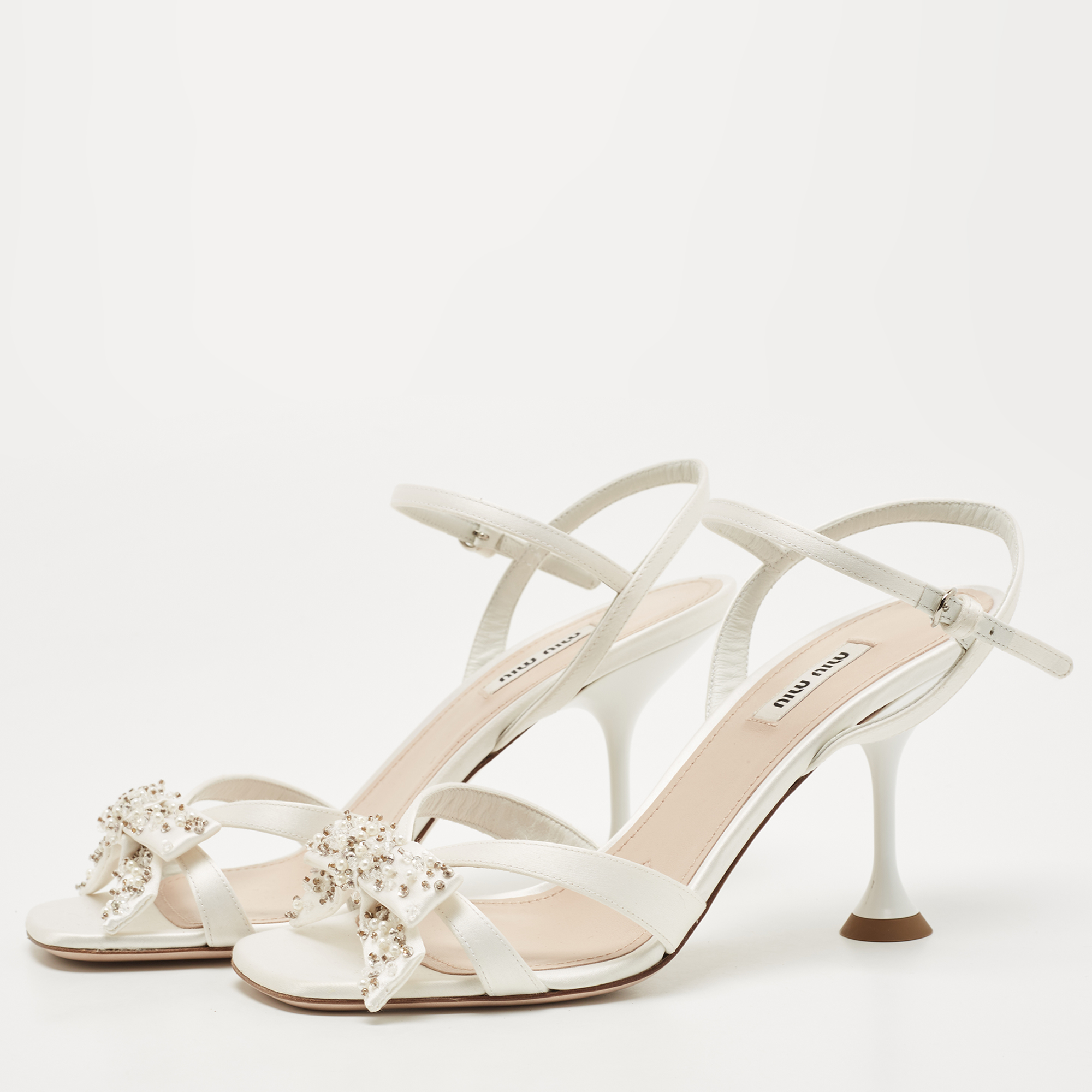 

Miu Miu White Satin Beads Embellished Bow Ankle Strap Sandals Size