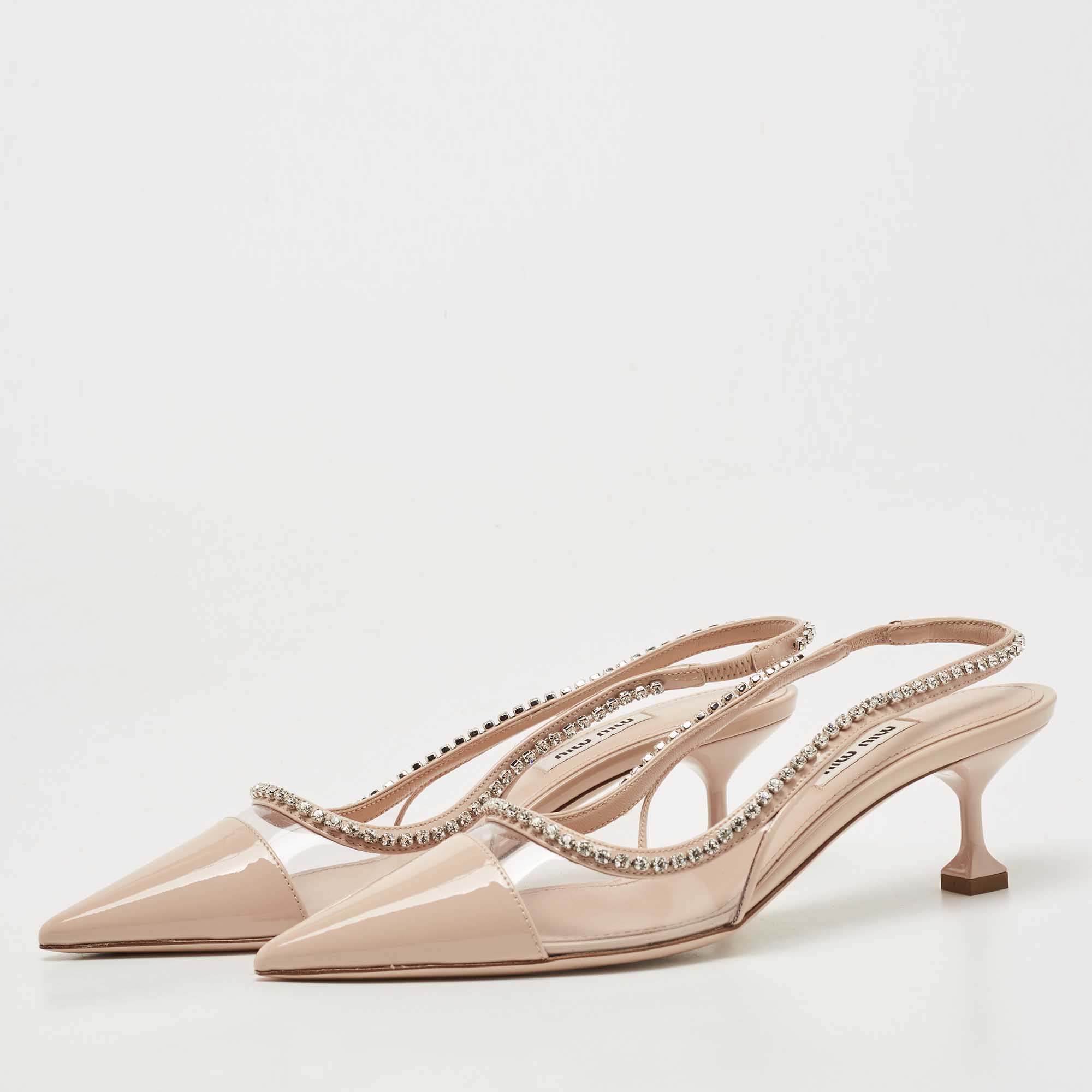 

Miu Miu Beige Patent Leather and PVC Crystal Embellished Slingback Pumps Size