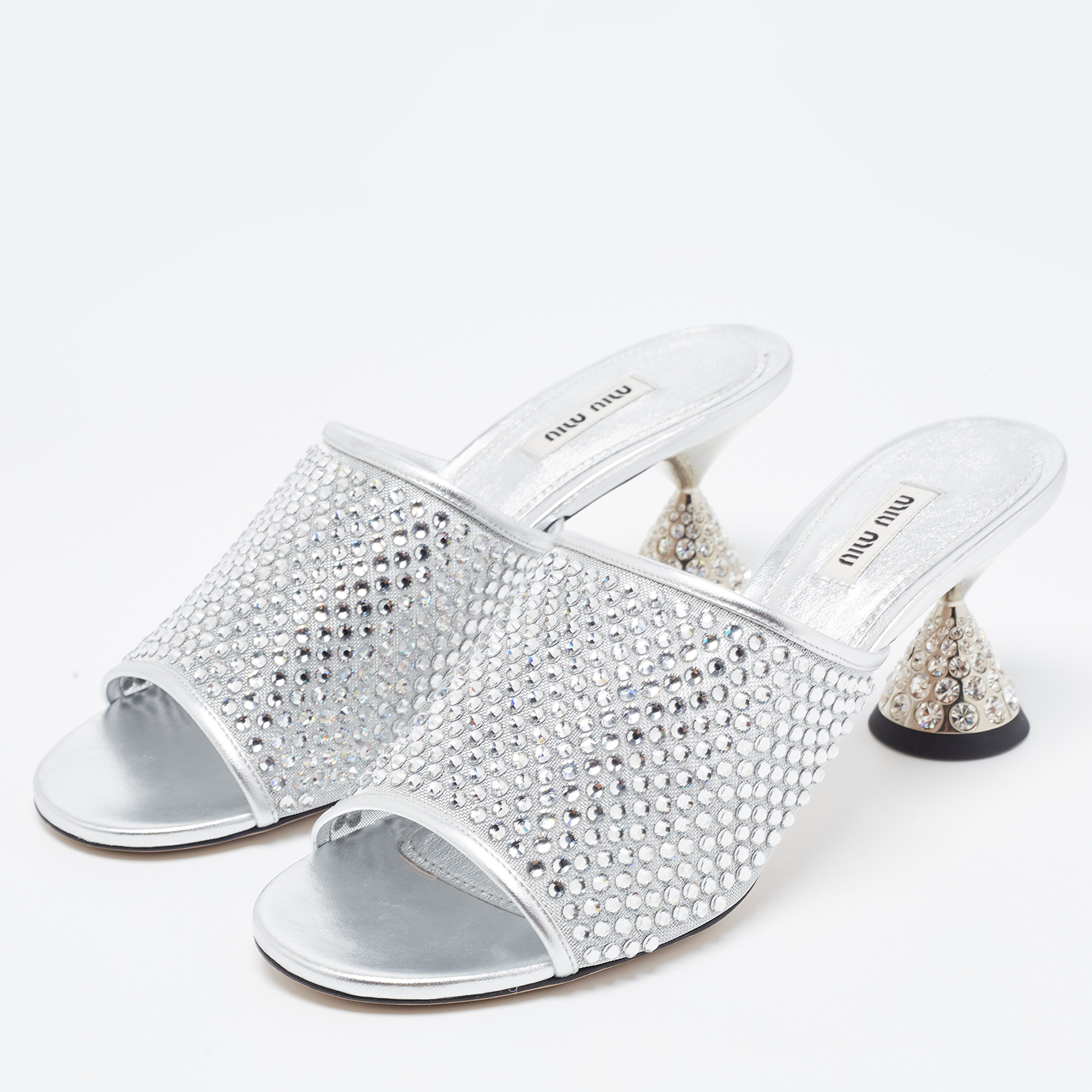 

Miu Miu Silver Mesh and Leather Rhinestone Embellished Slide Sandals Size