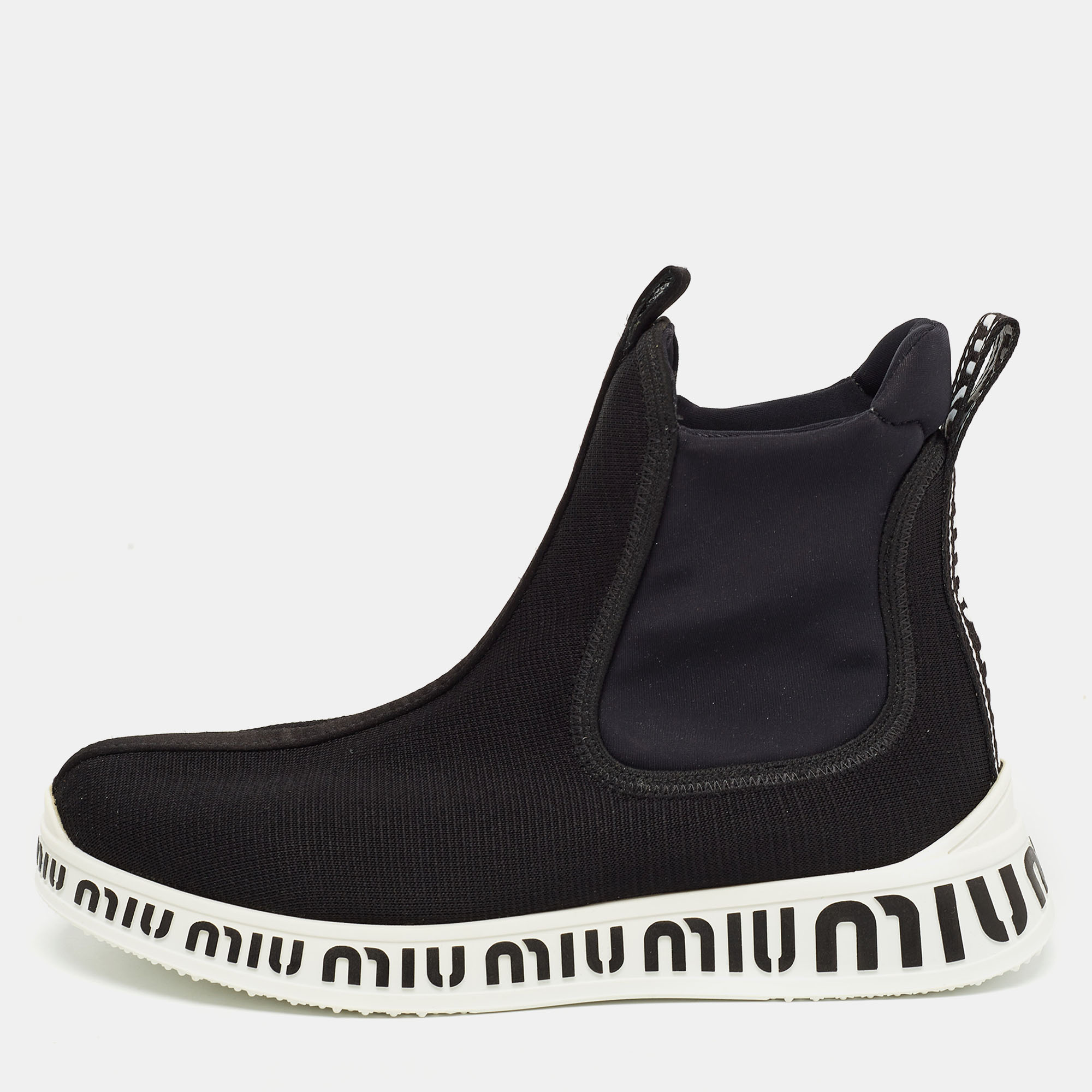 Pre-owned Miu Miu Black Knit Fabric And Neoprene High Top Trainers Size 35