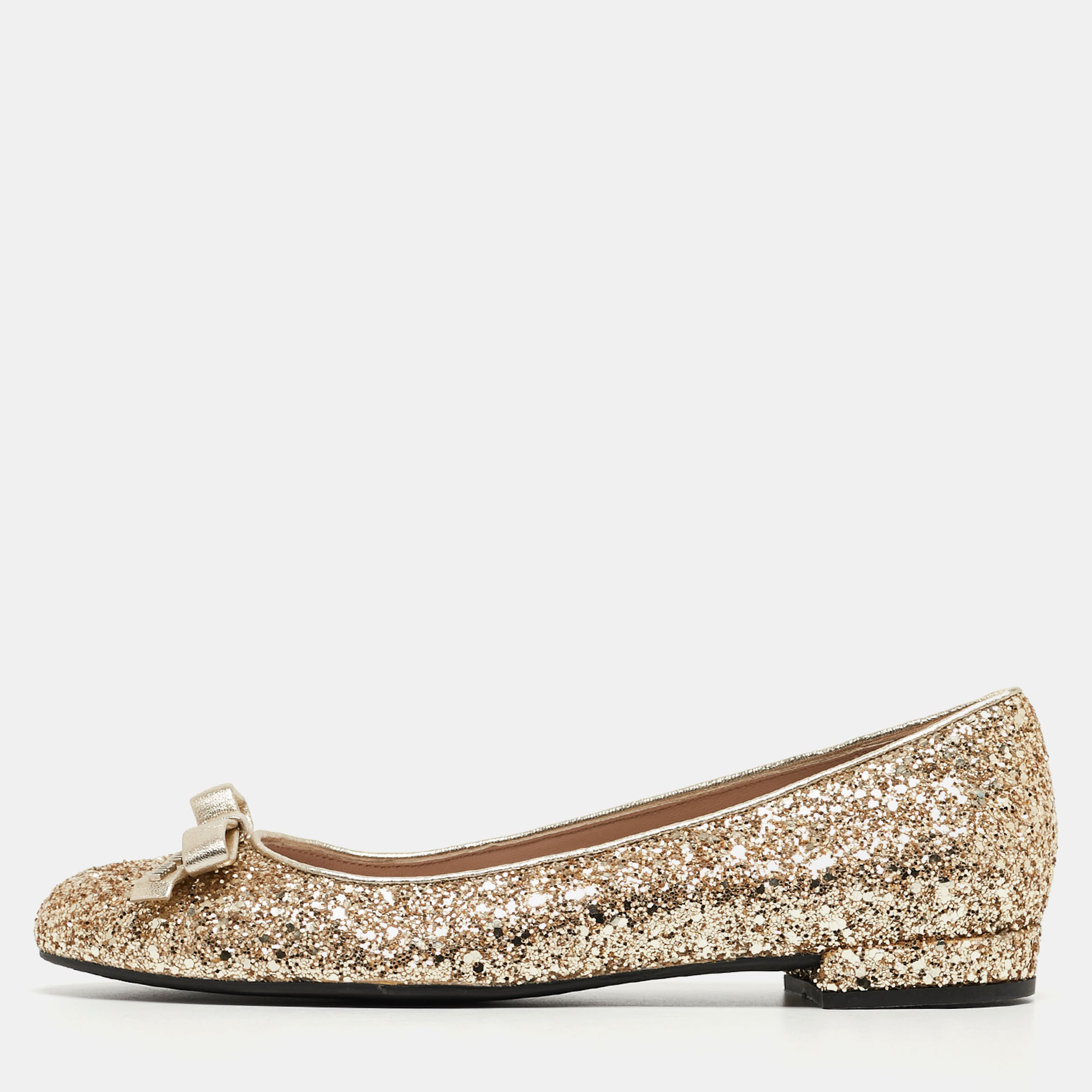 

Miu Miu Gold Coarse Glitter Bow Ballet Flats Size