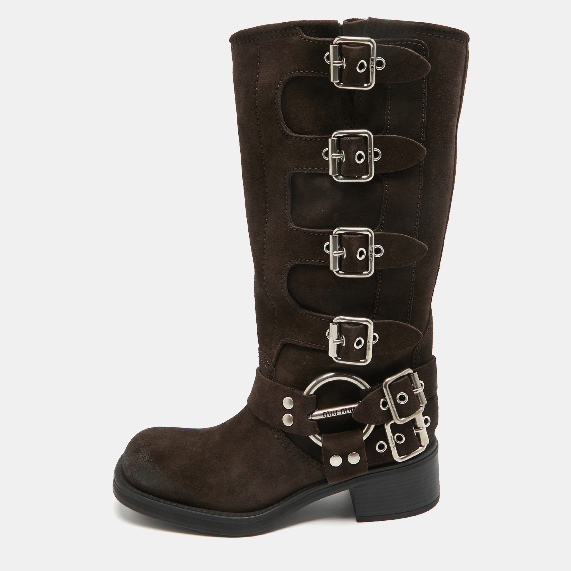 Pre Owned Miu Miu Brown Suede Mid Calf Length Moto Boots Size 37