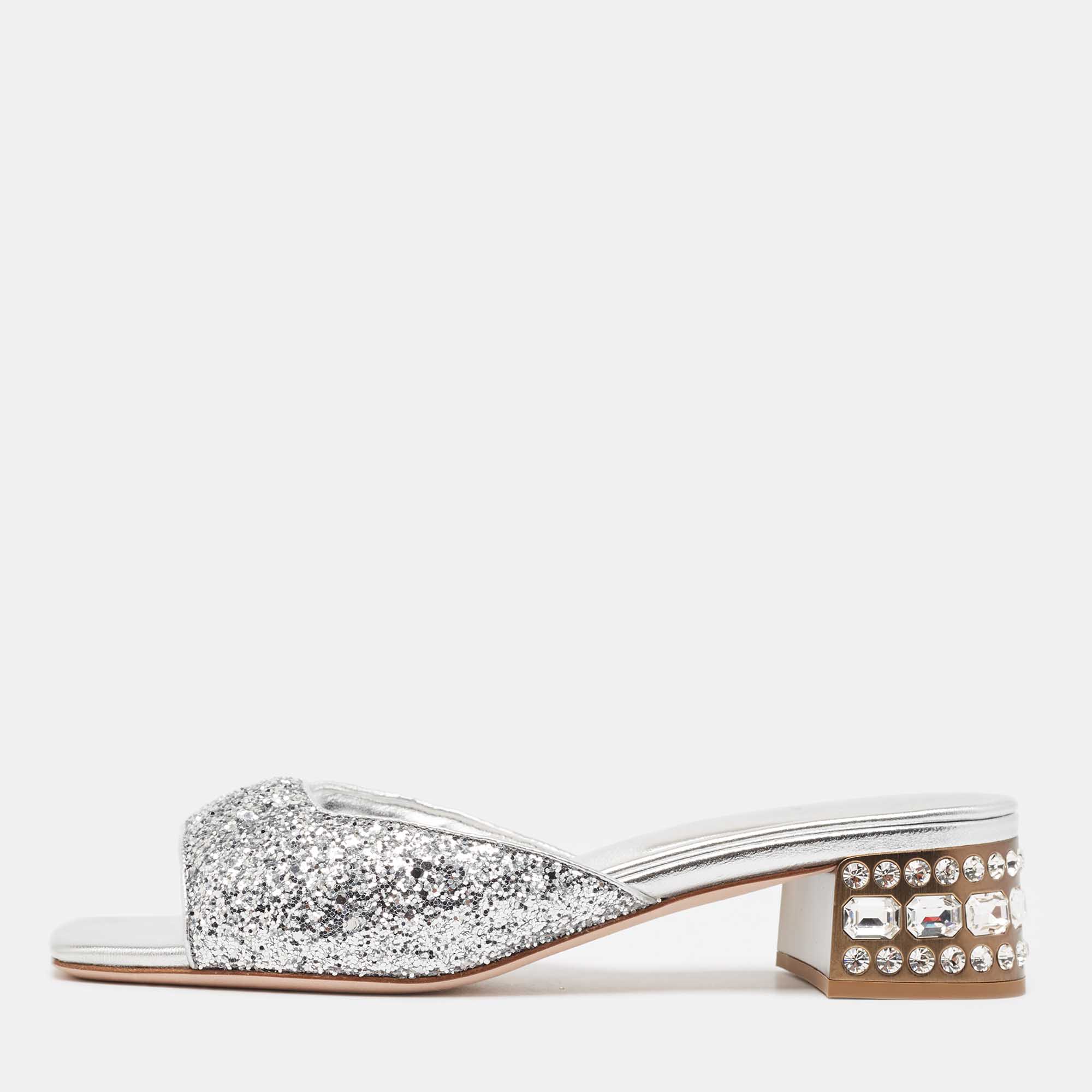 

Miu Miu Silver Glitter Embellished Block Heel Slide Sandals Size