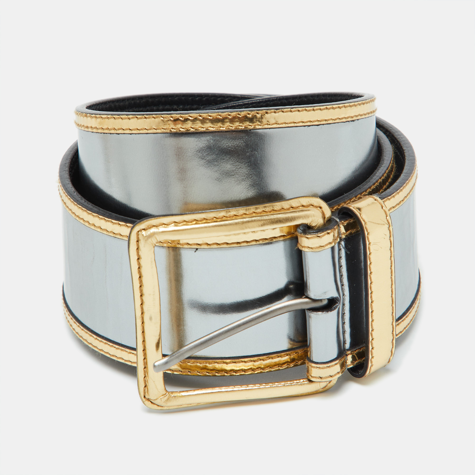 

Miu Miu Metallic Silver/Gold Patent Leather Waist Belt 85CM