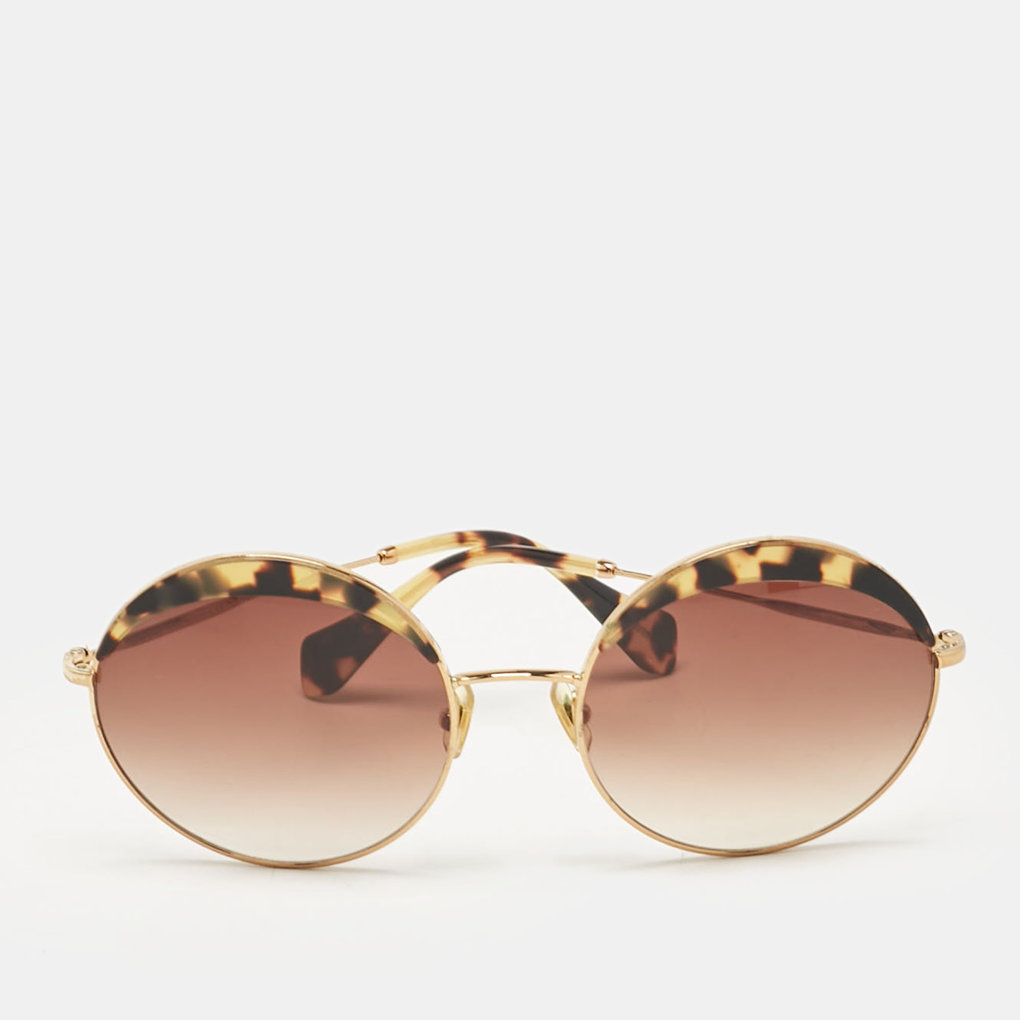 

Miu Miu Brown Gradient Tortoise Gold Tone SMU51Q Round Sunglasses