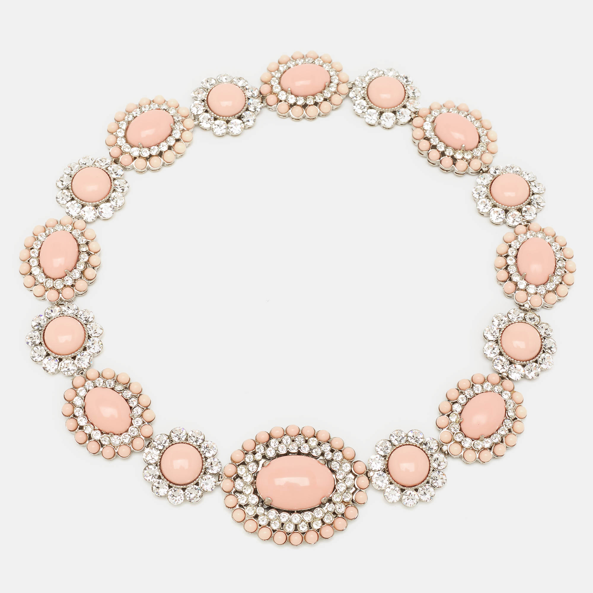 

Miu Miu Pink Composite Crystal Embellished Silver Tone Floral Choker Necklace