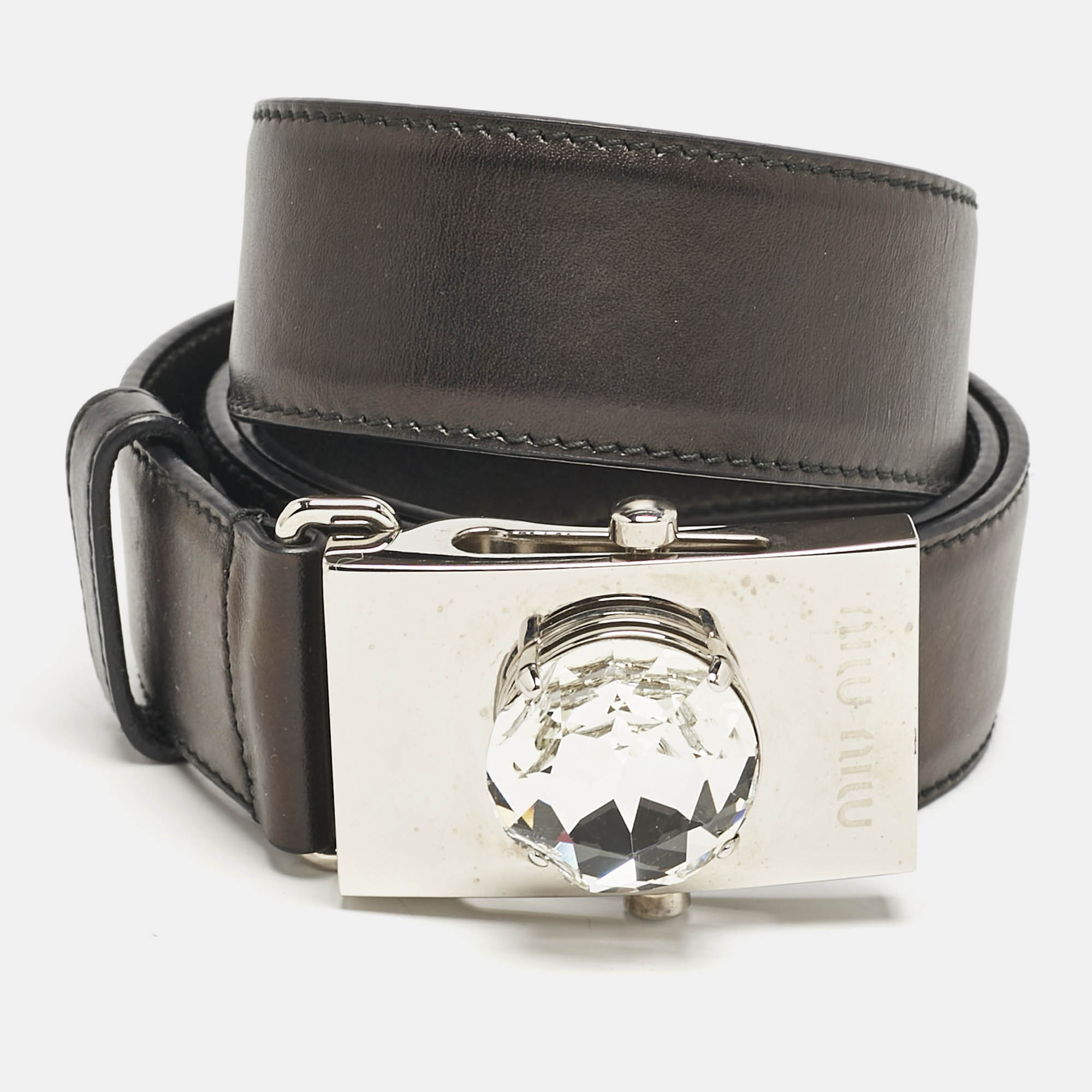 

Miu Miu Black Leather Crystal Buckle Belt