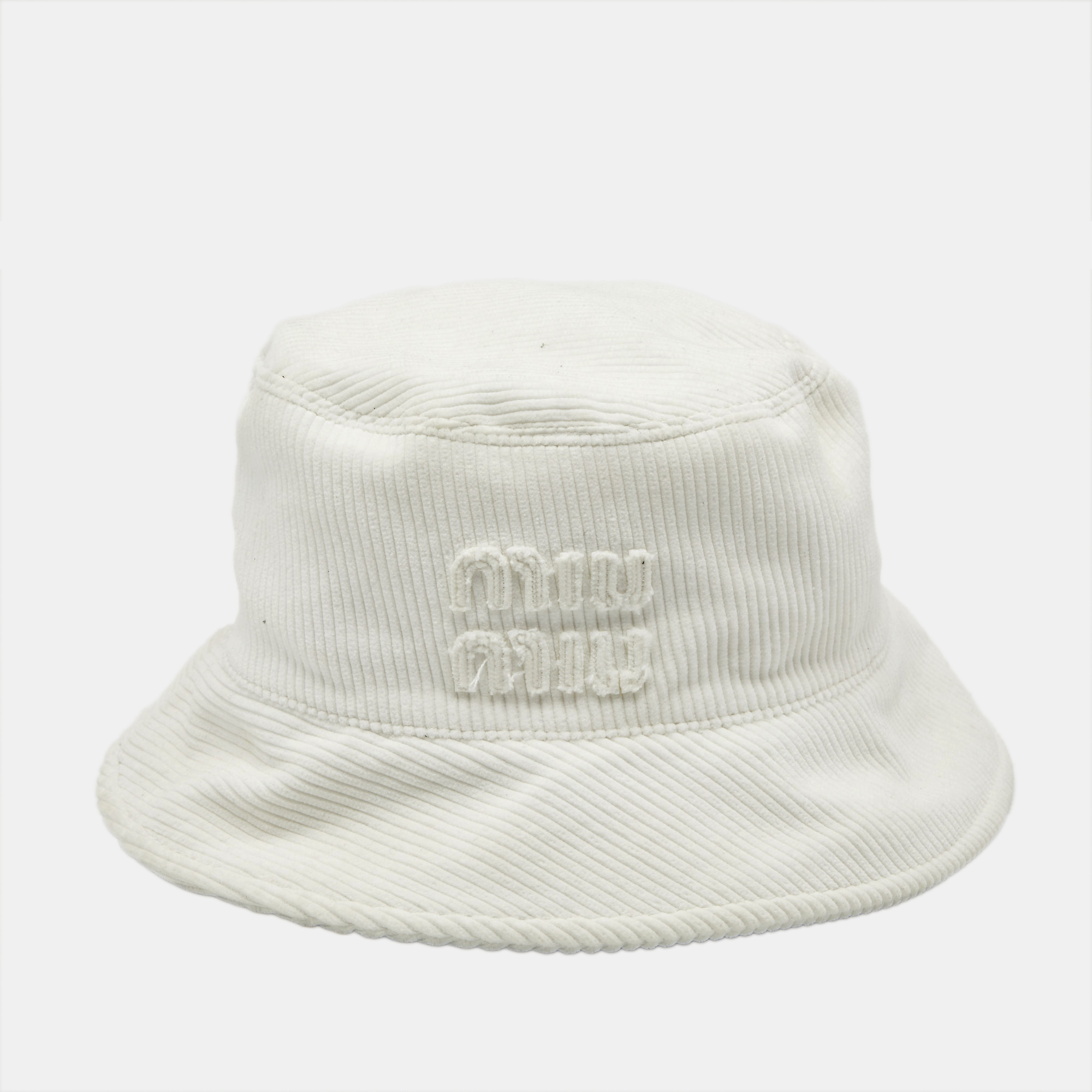 Pre-owned Miu Miu White Logo Corduroy Bucket Hat L