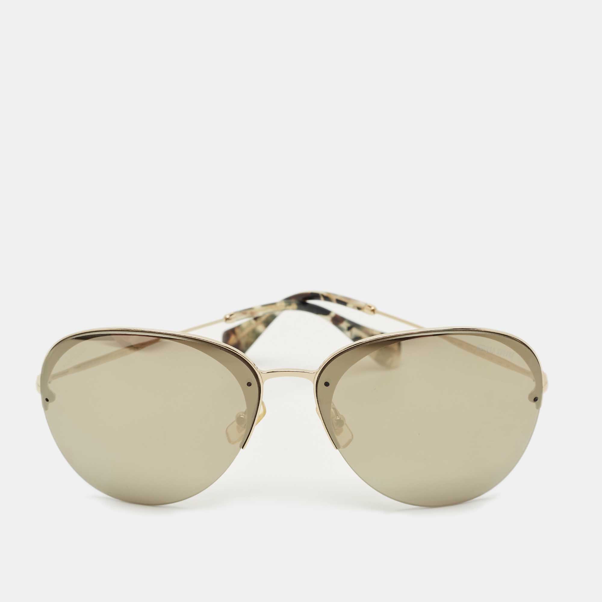 Pre-owned Miu Miu Gold Mirrored Smu 53p Aviator Sunglasses