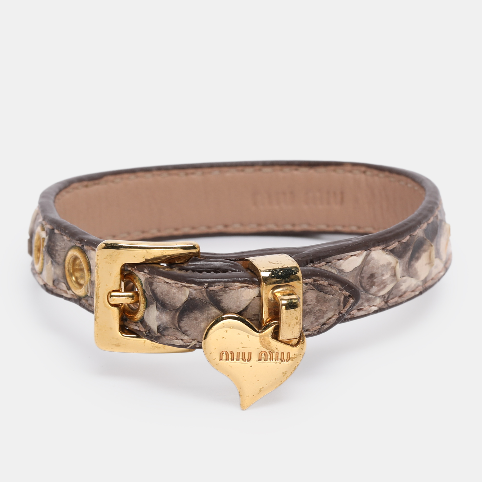 Pre-owned Miu Miu Beige Python And Leather St. Cocco Charm Bracelet In Sand