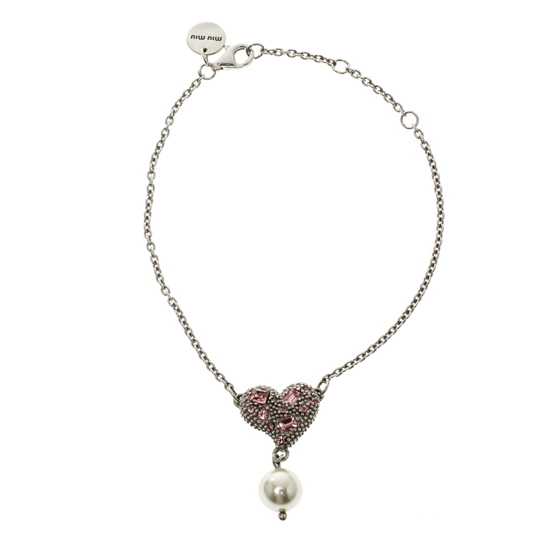 Miu Miu Crystal Faux Pearl Heart Silver Chain Bracelet